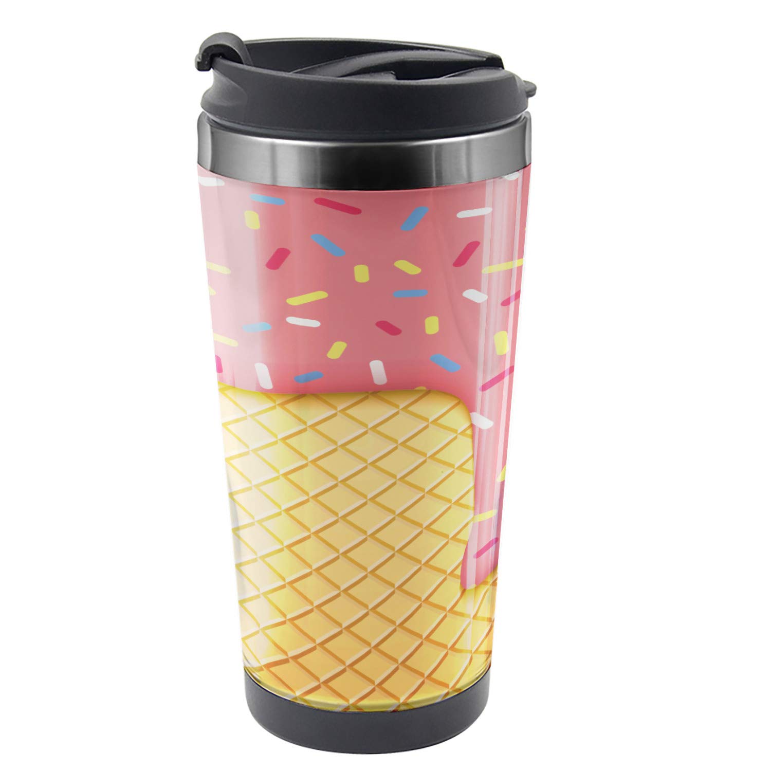 Ambesonne 16 oz Stainless Steel Travel Mug with Waffle Pattern - Insulated Thermal Cup for Hot & Cold Drinks - Mustard Coral Ice Cream Design - Perfect for Commuting, Camping & Office Use