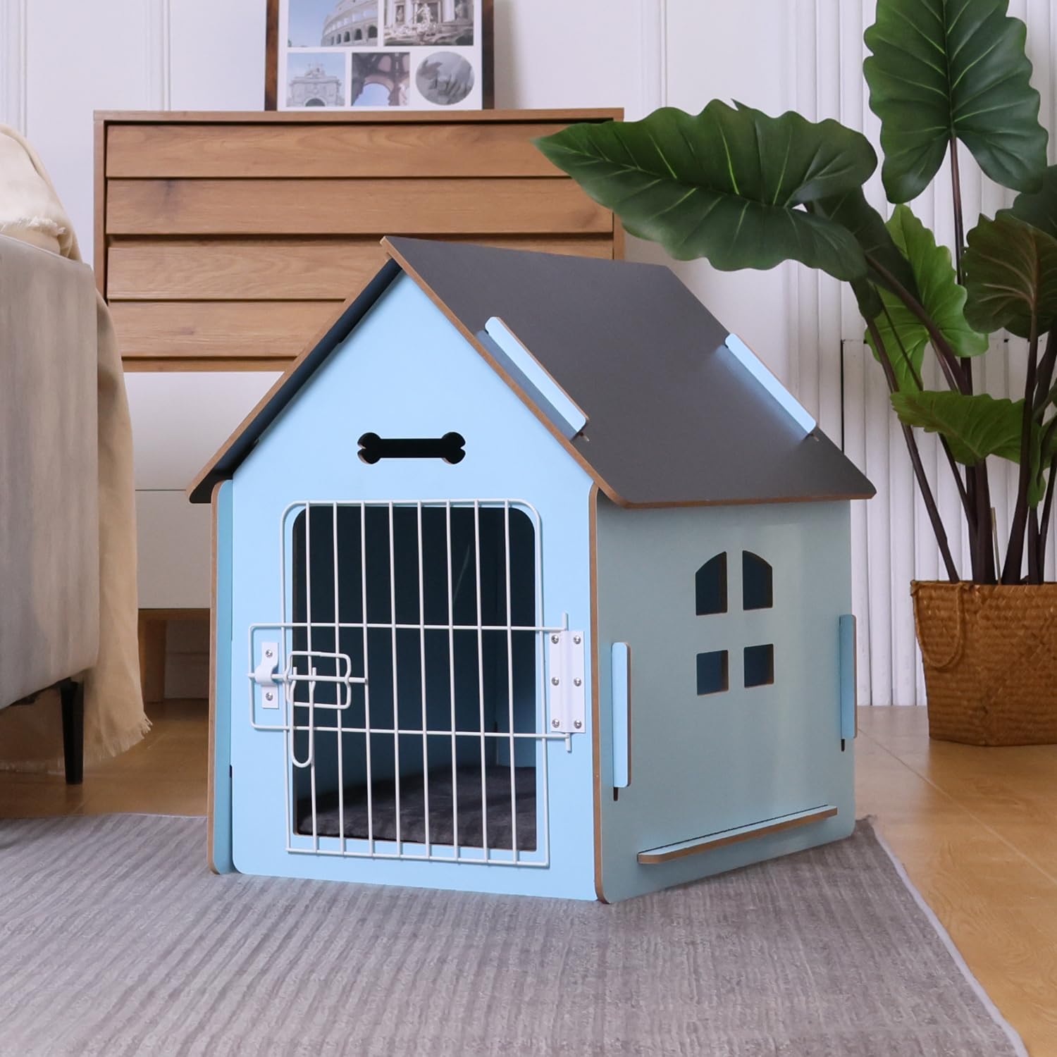 **Cozy Wooden Indoor Dog House for Small Dogs & Cats - Ventilated Design with Elevated Floor - Warm Pet Cave for Winter (Large, Blue) - Perfect for Bedrooms, Living Rooms & Pet-Friendly Spaces**
