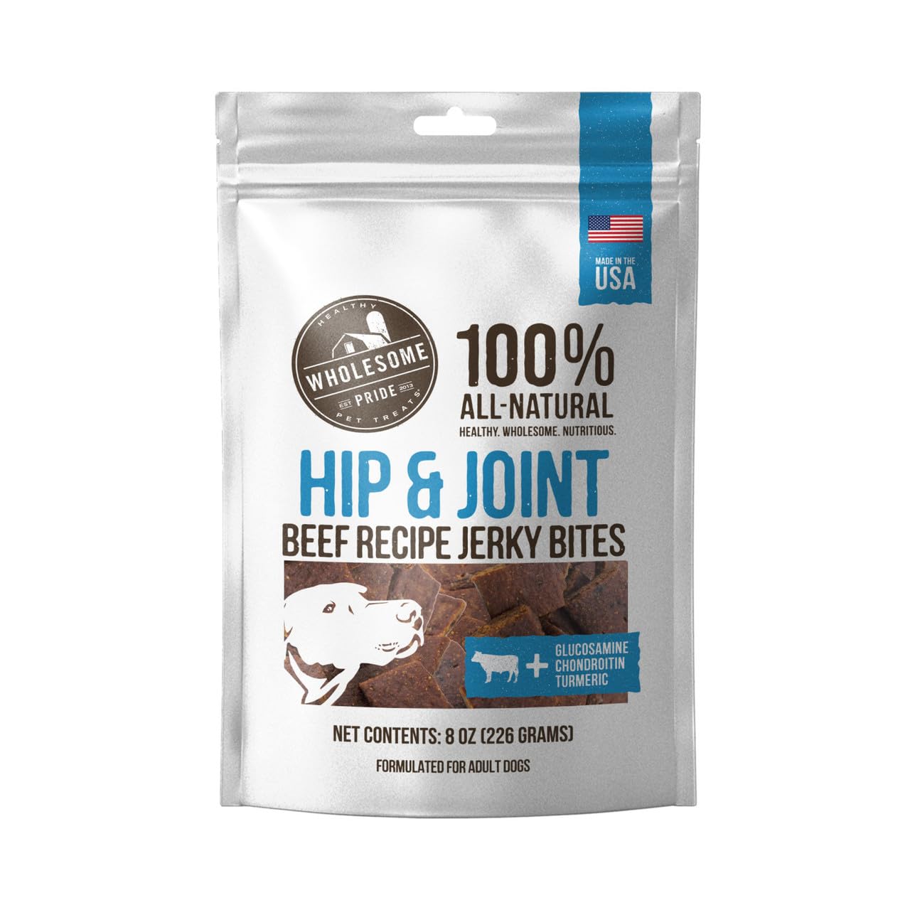 Wholesome Pride Functional Dog Hip & Joint Support Beef Recipe Jerky Bites Dog Treats - 8 oz | Natural Supplement for Senior Dogs & Active Pets | Perfect for Training, Rewards & Joint Care