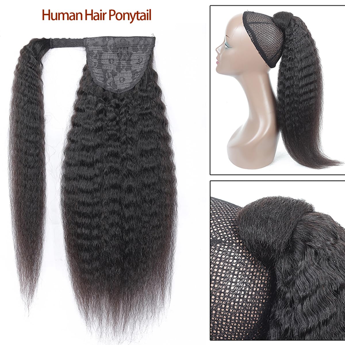 Wrap Around Long Kinky Straight Ponytail Hair Extensions - 26 Inch Clip-in Ponytail Human Hair Extensions for Women - Natural Black Yaki Straight Remy Hair - Perfect for Parties, Weddings & Everyday Styling