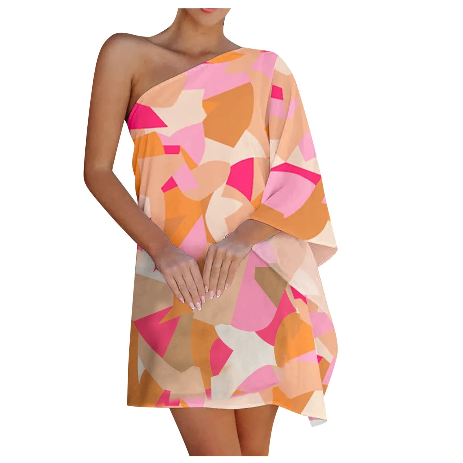Women's Floral Print Batwing Sleeve One Shoulder Mini Dress with Chain Strap - Sexy Summer Club Dress for Night Out, Party & Beach Vacation