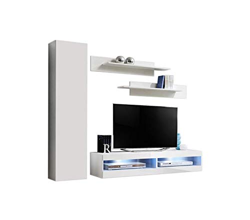 Modern White Wall-Mounted TV Stand with Storage Shelves & LED Lights - 34