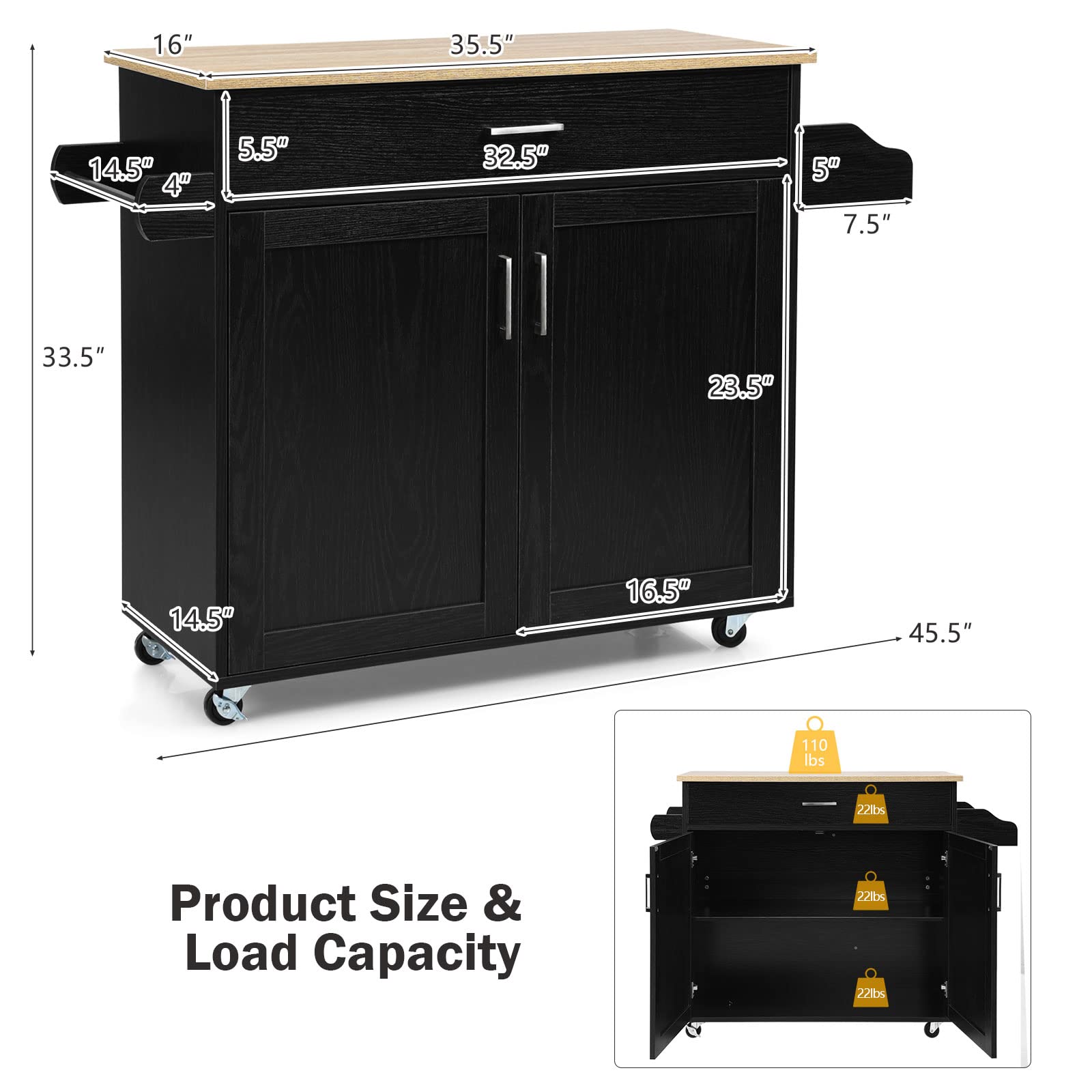 HAPPYGRILL Kitchen Island Cart with Wheels - Adjustable Shelf, Drawer, Spice Rack & 2-Door Cabinet - Mobile Kitchen Storage Trolley with Towel Holder - Wooden Rolling Cart for Dining Room & Small Spaces - Black    Perfect for small kitchens, apartment living, meal prep stations, buffet serving, and extra counter space in dining areas.