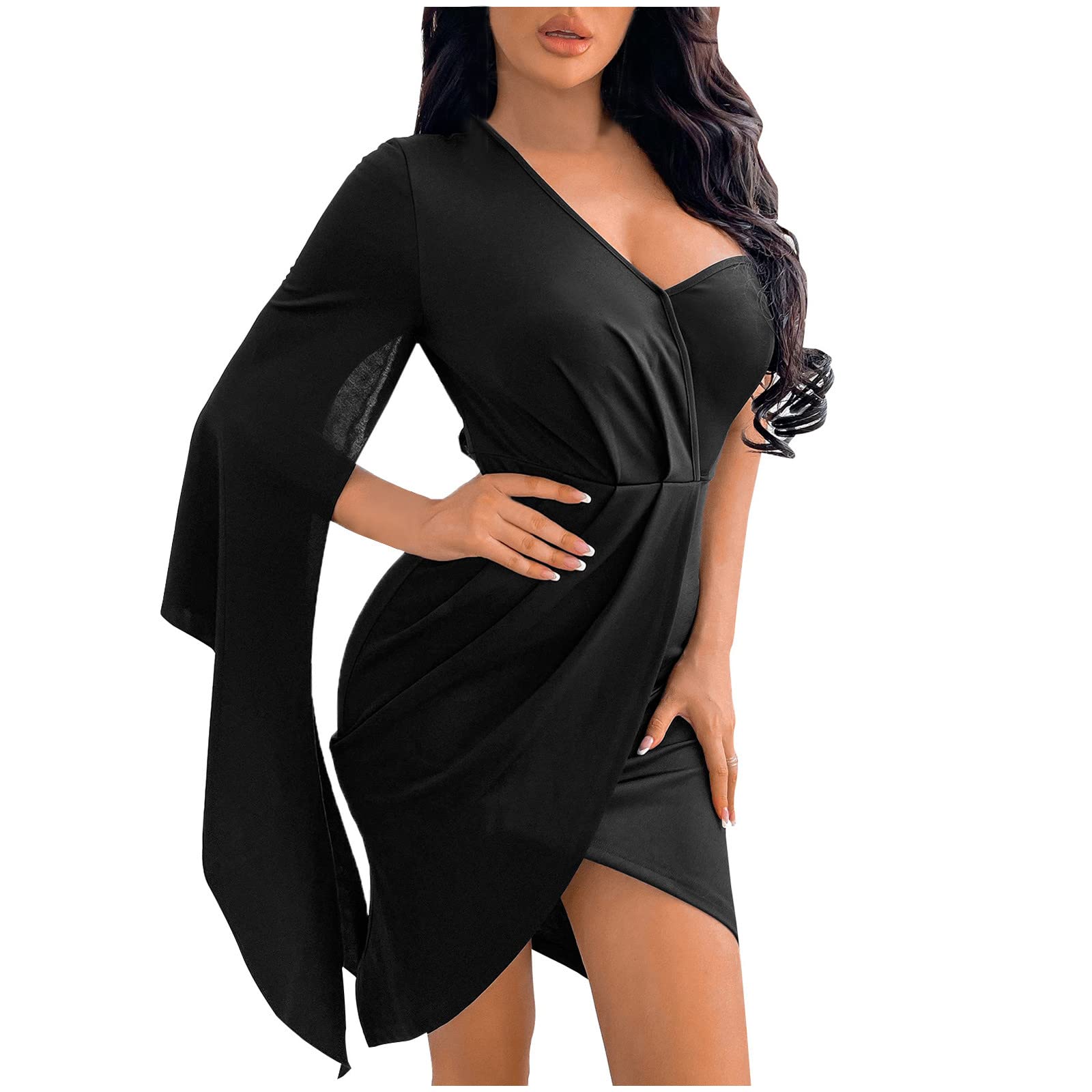 Jsarle Women's Sexy One Shoulder Long Sleeve Wrap Hem Bodycon Cocktail Dress - Summer Formal Club Wedding Guest Dress for Evening Parties & Special Occasions