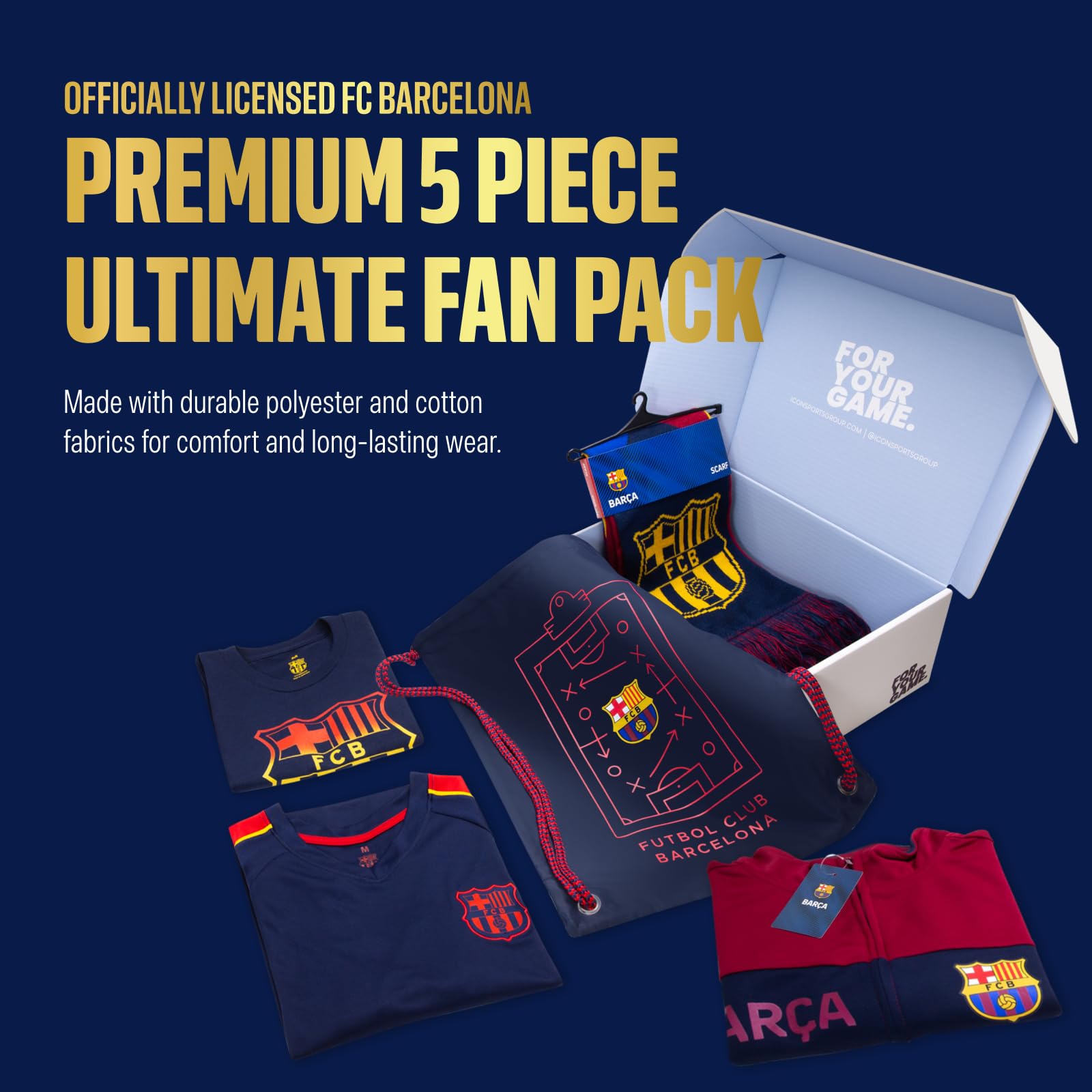 Official FC Barcelona Soccer Fan Pack - 5-Piece Set with Bag, Scarf, Jacket & Shirts | Licensed Merchandise for Soccer Games, Travel & Fan Support