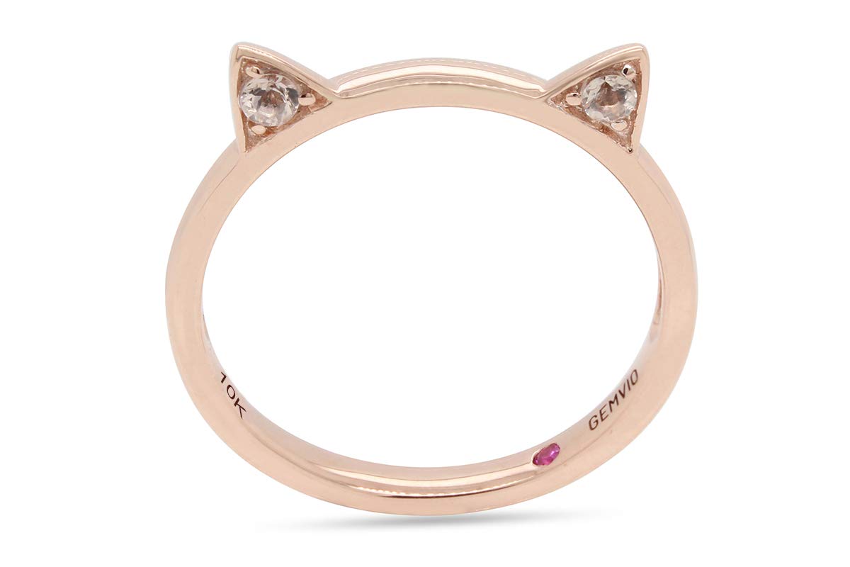 GEMVIO 1/10 Carat CT Cat Ears Ring - 10K Gold Morganite Gemstone Jewelry for Women | 2.25MM Round Cut Pink Stone Pendant | Perfect Gift for Anniversary, Wedding & Birthday | Elegant Everyday Wear & Special Occasions