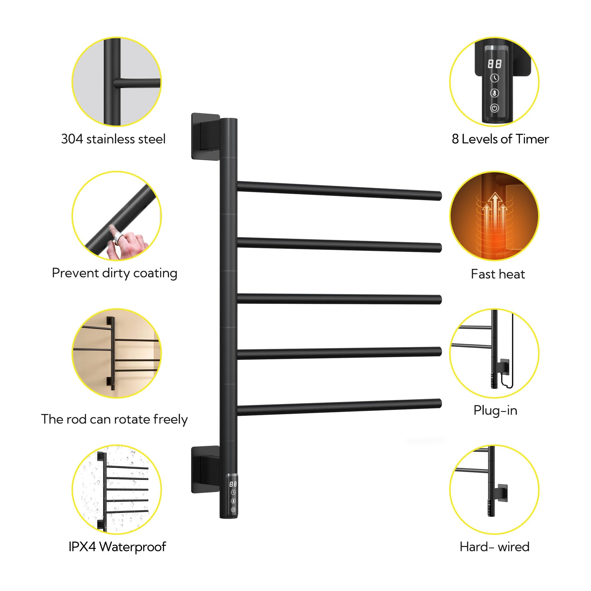 Premium Electric Towel Warmer & Rotating Rack - Built-in Timer, Hardwired/Plug-in for Bathroom - Black | Perfect for Spa, Luxury Hotels & Cozy Home Use