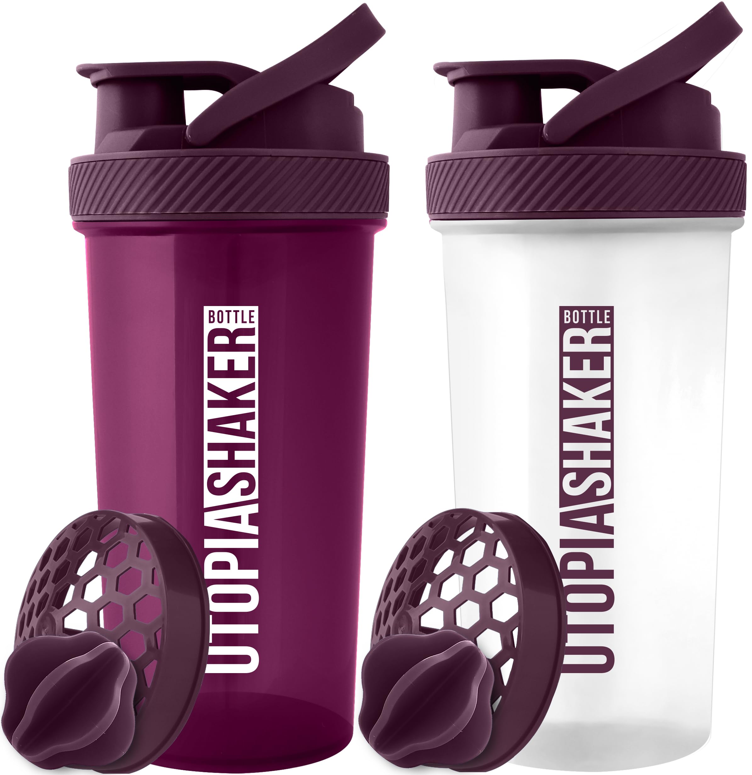 Utopia Home 28-Ounce Protein Shaker Bottle (Pack of 2) - BPA-Free Fitness & Sports Drink Mixer for Protein Powder, Pre-Workout & Smoothies - Perfect for Gym, Workout & Post-Exercise Recovery (Plum & Clear/Plum)