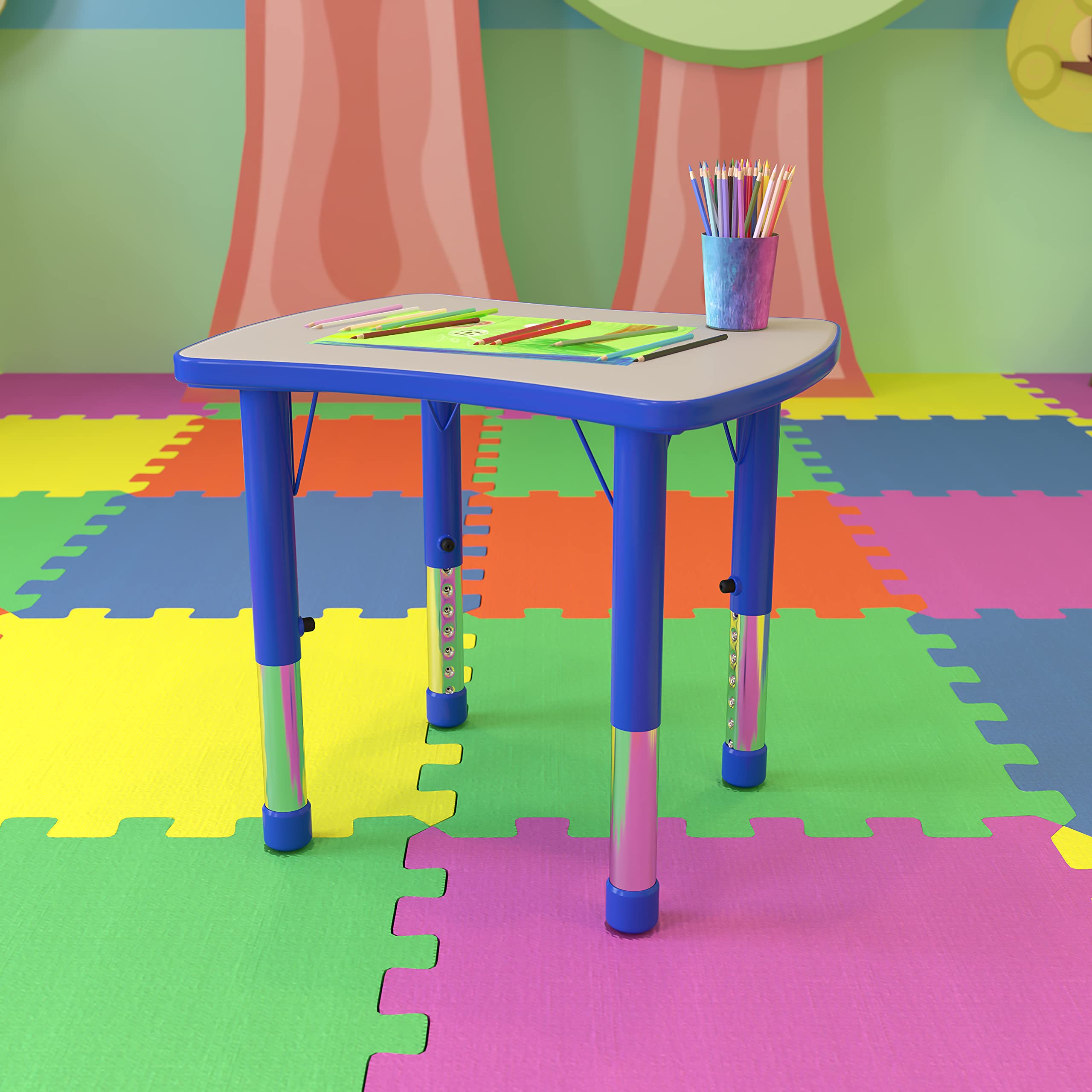 EMMA + OLIVER 21.875x26.625 Inch Blue Plastic Adjustable Height Kids Activity Table - Perfect for Playroom, Classroom & Homeschool Learning Activities