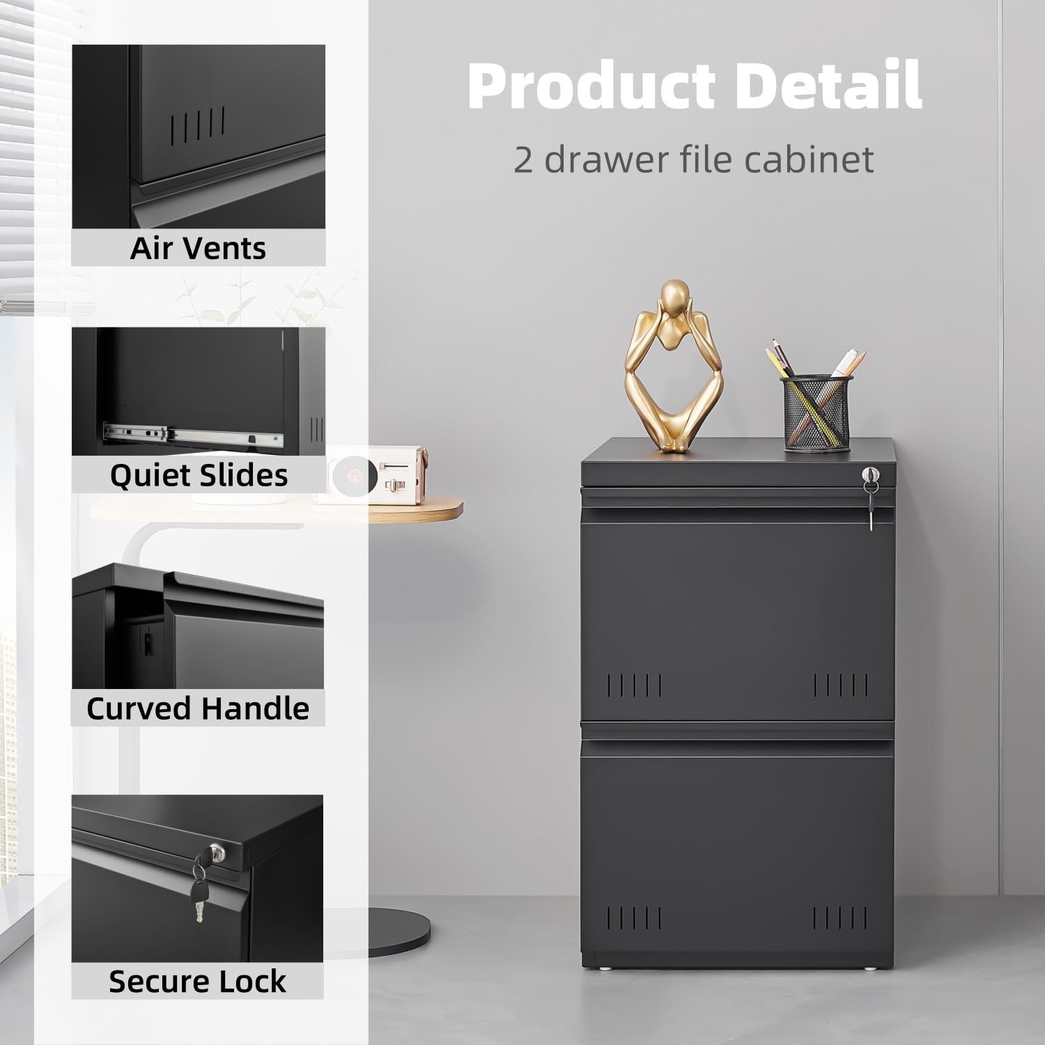 2 Drawer File Cabinet for Home Office - Lockable Vertical Storage Cabinet, Printer Stand & Under Desk Organizer for A4/Letter/Legal Size Documents | Easy Assembly Black Filing Cabinet | Perfect for Office, Study & Small Space Organization