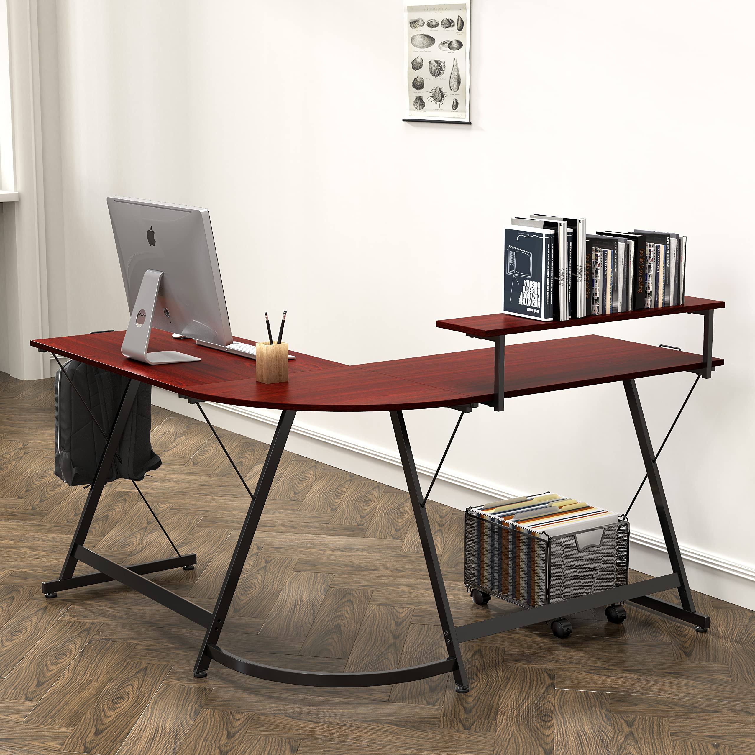 SHW Vista L-Shape Desk with Monitor Stand - Cherry Wood Computer Desk for Home Office, Gaming & Workstation - Ergonomic Corner Desk with Built-in Shelf for PC, Laptop & Dual Monitors