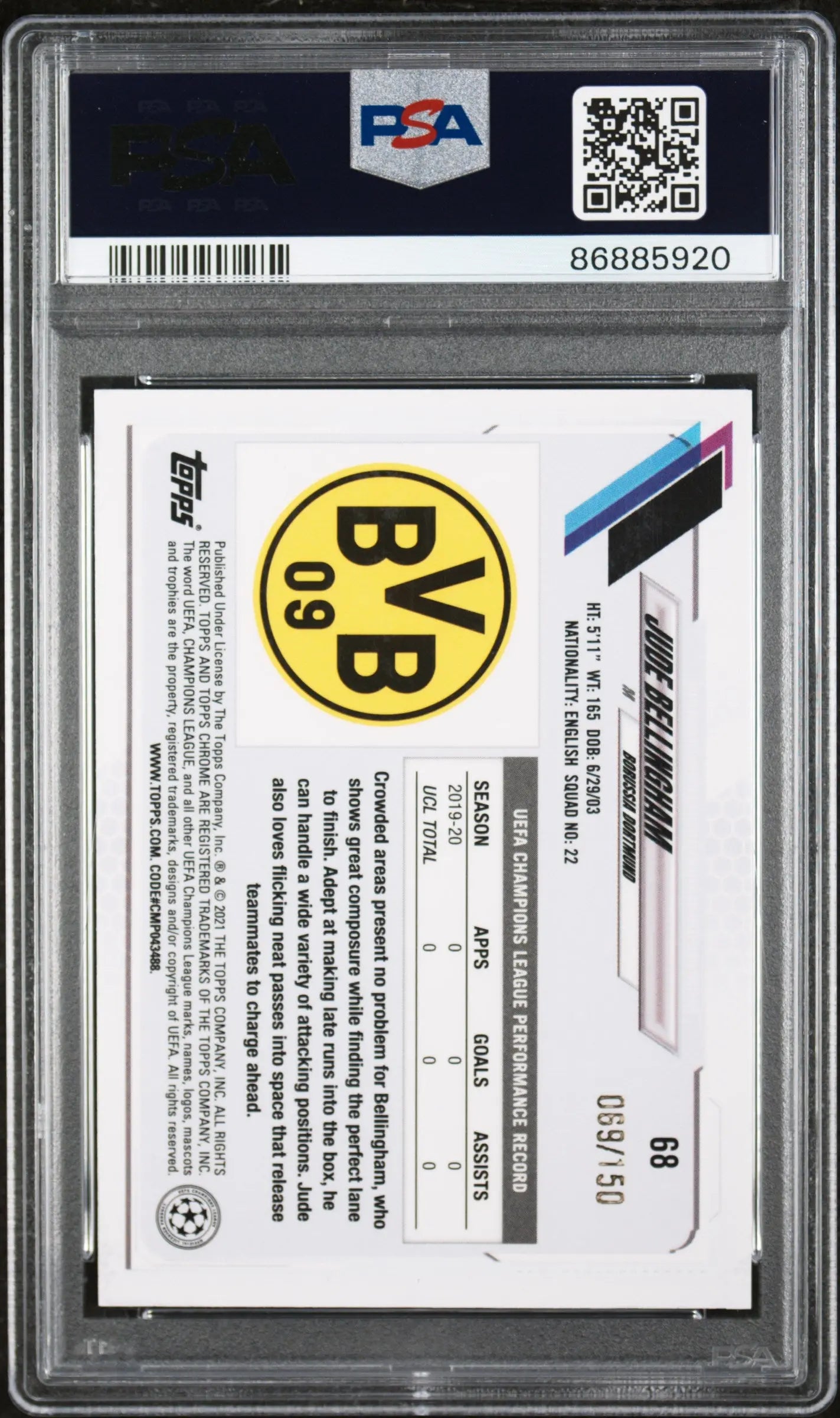 2020 Topps Chrome UEFA Champions League Jude Bellingham Rookie Card Blue Refractor PSA 8 /150 - Rare Collectible for Soccer Fans & Card Investors