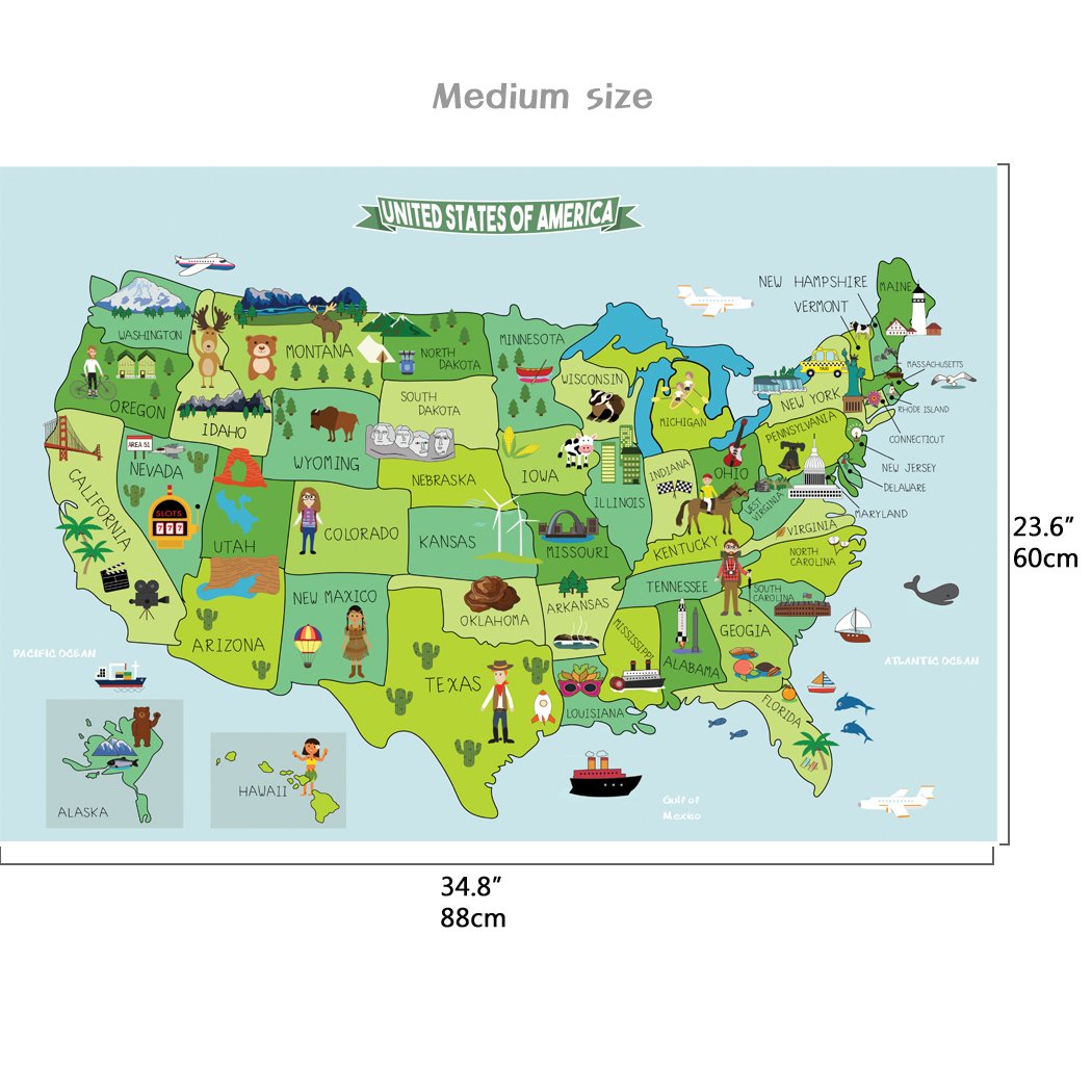 USA Map Fabric Sticker - Peel & Stick Removable Wall Decal for Home & Office Decor (Medium Size) - Perfect for Kids Rooms, Classrooms, and Travel Inspiration