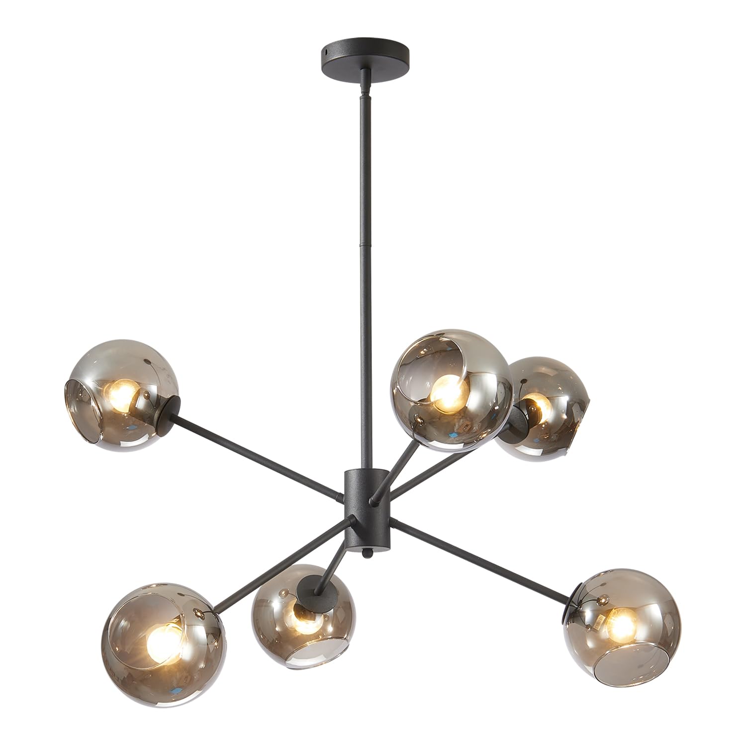 BOKT 6-Light Modern Glass Globe Sputnik Chandelier - Mid Century Matte Black Adjustable Pendant Light Fixture with Vintage Smoke Gray Balls - Perfect for Kitchen, Dining Room, Living Room & Bedroom Lighting