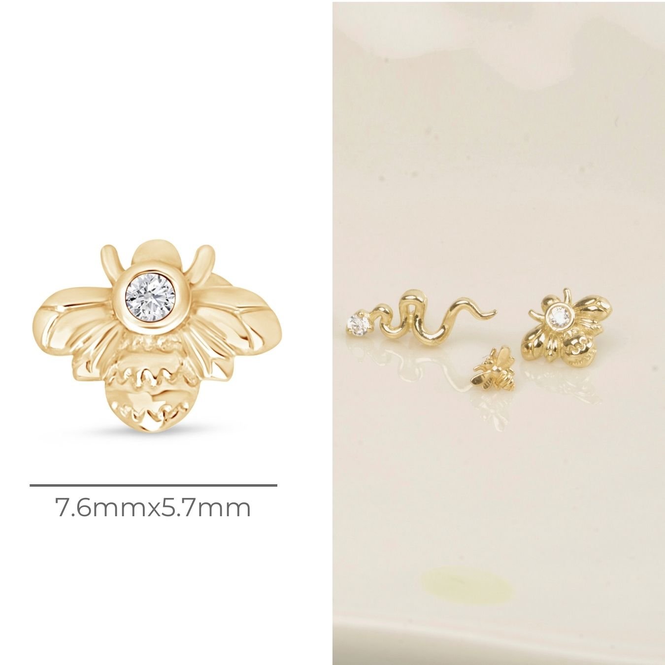 14K Yellow Gold Cubic Zirconia Bee Stud Earrings - Hypoallergenic Flat Back Post for Sensitive Ears | Perfect for Everyday Wear, Gift Giving & Bee-Themed Jewelry Collections