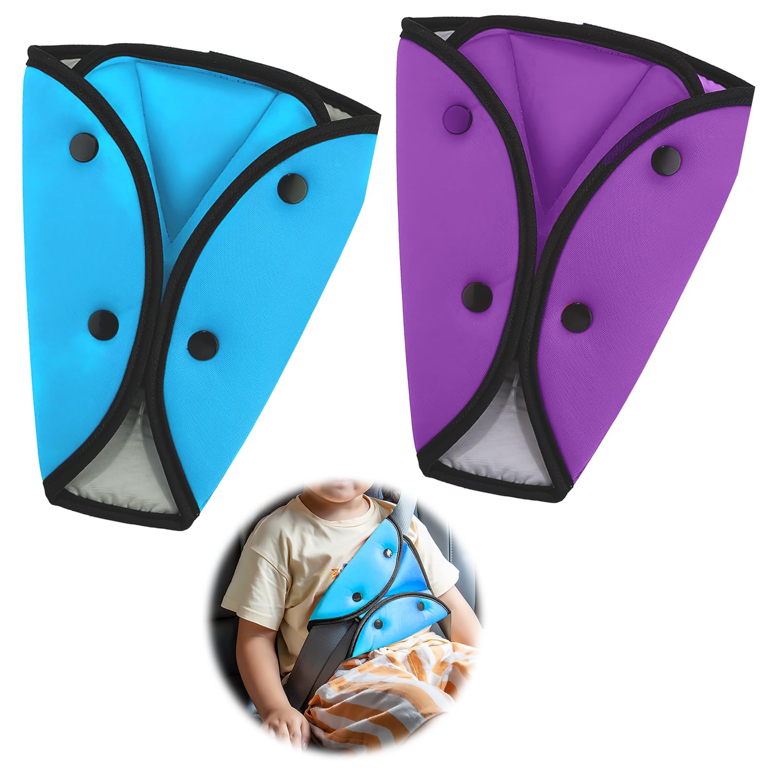 2 Pack Car Seat Belt Adjuster for Kids - Shoulder Pad & Triangle Positioner - Universal Fit for Baby, Toddler, Child & Adult - Soft Safety Belt Cover Protector (Purple & Blue) - Perfect for Road Trips & School Runs
