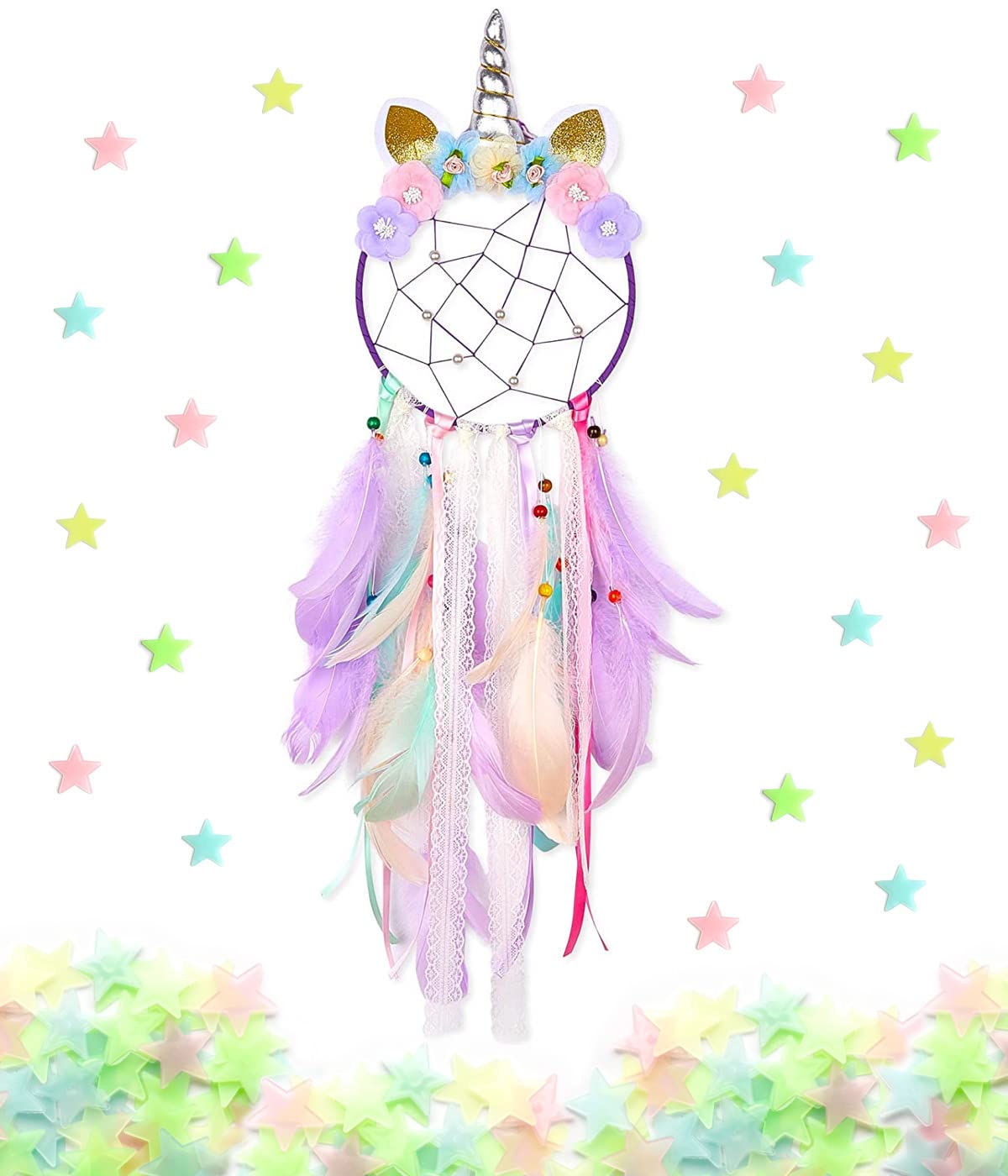 Fun Plus Unicorn Wall Dream Catcher with Glowing Stars - Girls Room Decor, Kids Bedroom Art, Unique Gifts for Girls - Perfect for Birthday Presents, Nursery Decor & Fantasy Themed Bedrooms