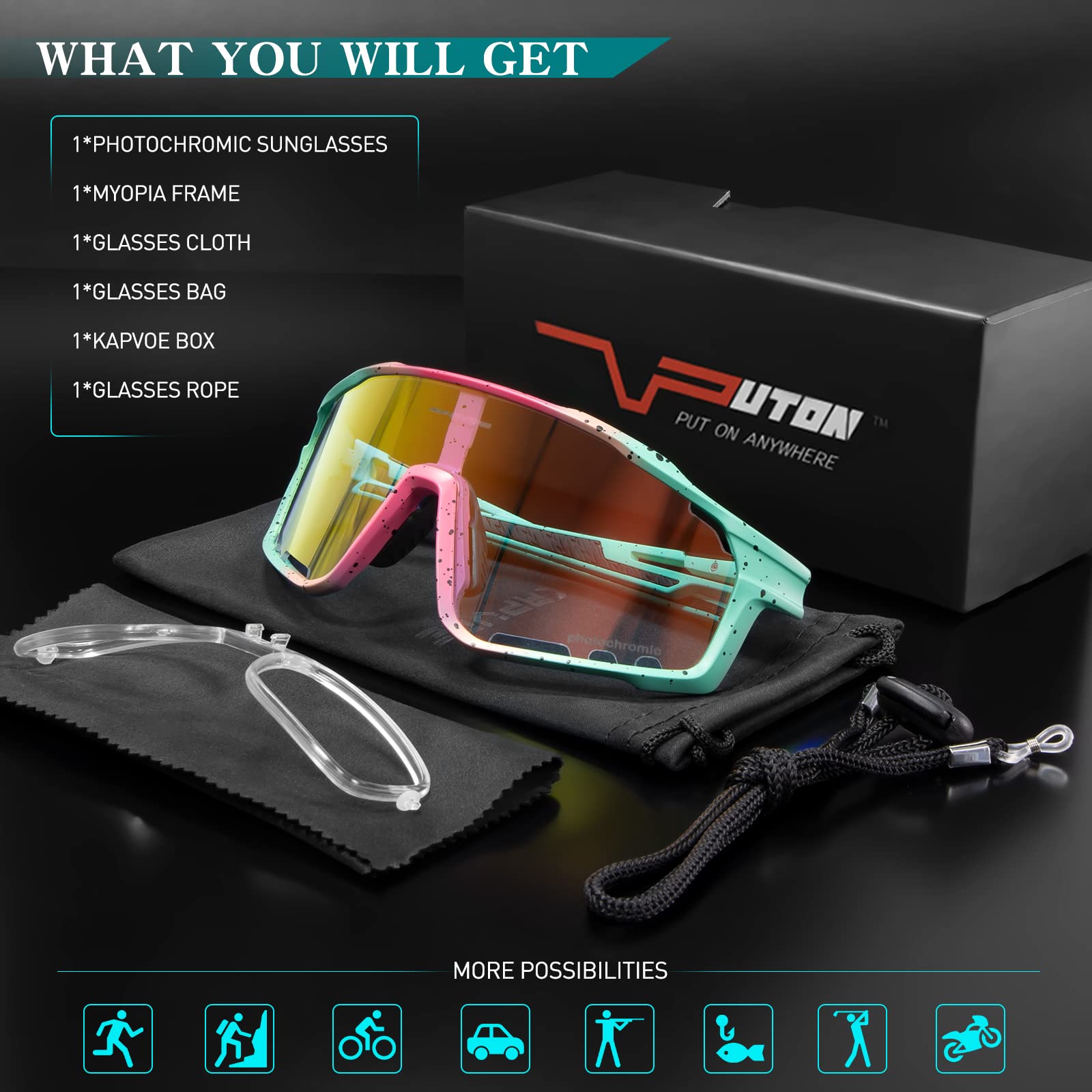 KAPVOE Photochromic Cycling Glasses for Men & Women - UV Protection Sports Sunglasses with HD High Contrast Lenses & Lightweight Frame for Biking, Running, Hiking & Outdoor Activities