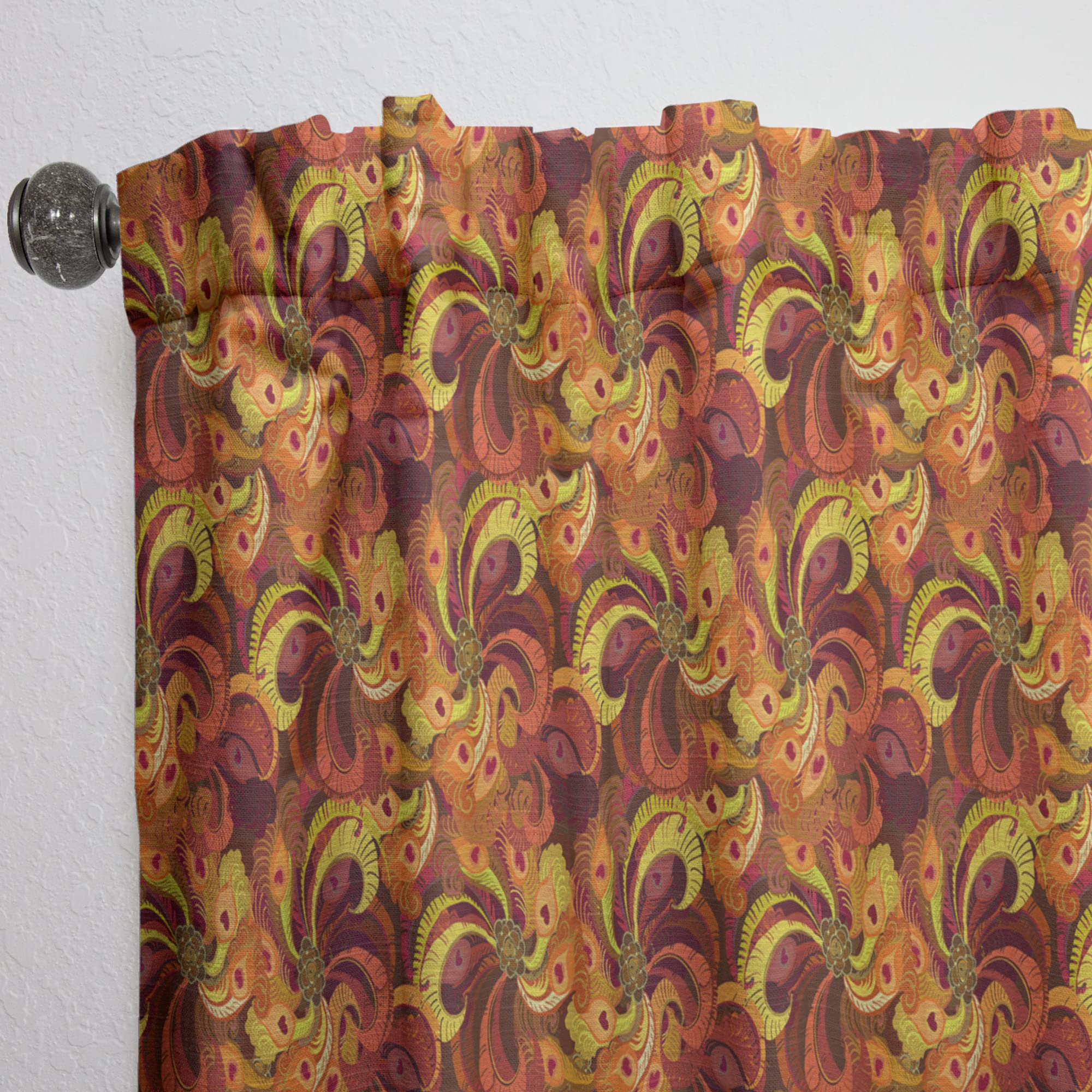 DesignQ Thermal Insulated Curtains - Golden Orange & Red Peacock Feather Pattern - 52x120 Inch Single Panel for Bedroom & Living Room - Energy Saving, Blackout Drapes for Home Decor