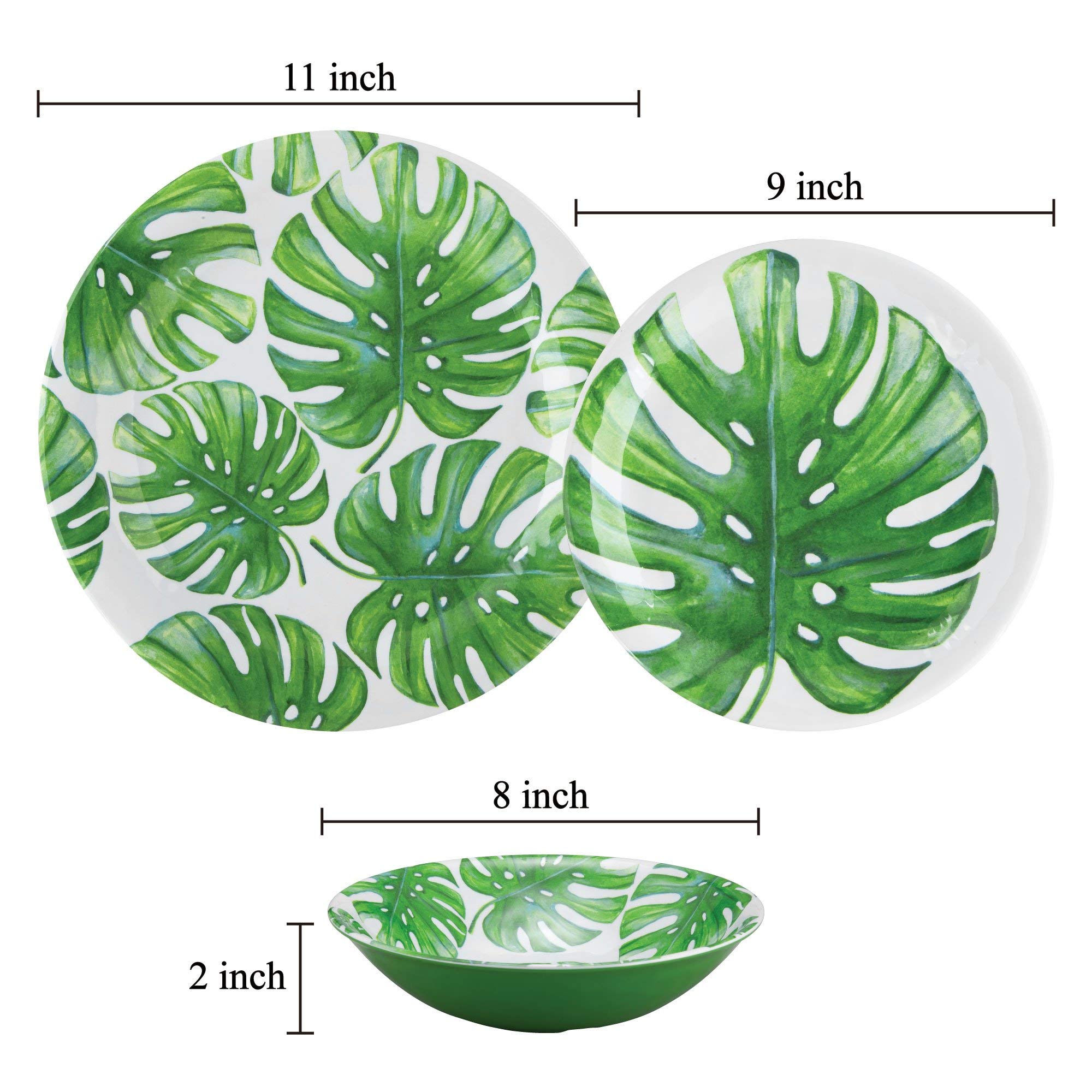 UPware 12-Piece Melamine Dinnerware Set - 4 Dinner Plates, 4 Salad Plates, 4 Bowls, Shatterproof & Lightweight for Outdoor Dining, Picnics, Camping & Everyday Use (Monstera Leaf Design)