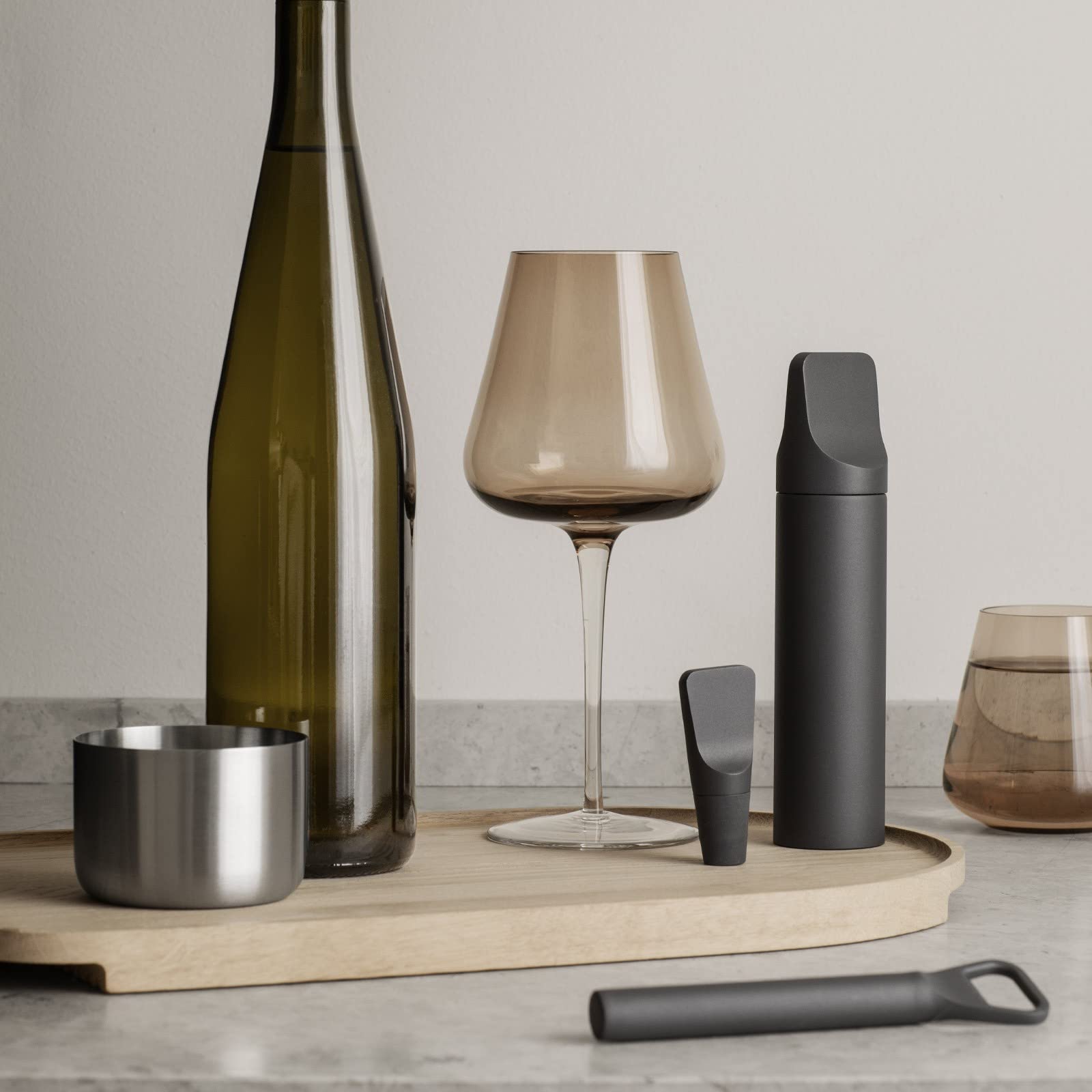 Blomus ILO 4-Piece Wine Accessory Set with Magnetic Corkscrew, Bottle Opener, Wine Pourer & Stopper - PVD Coated Stainless Steel Bar Tools for Home Entertaining & Gifts (Charcoal)