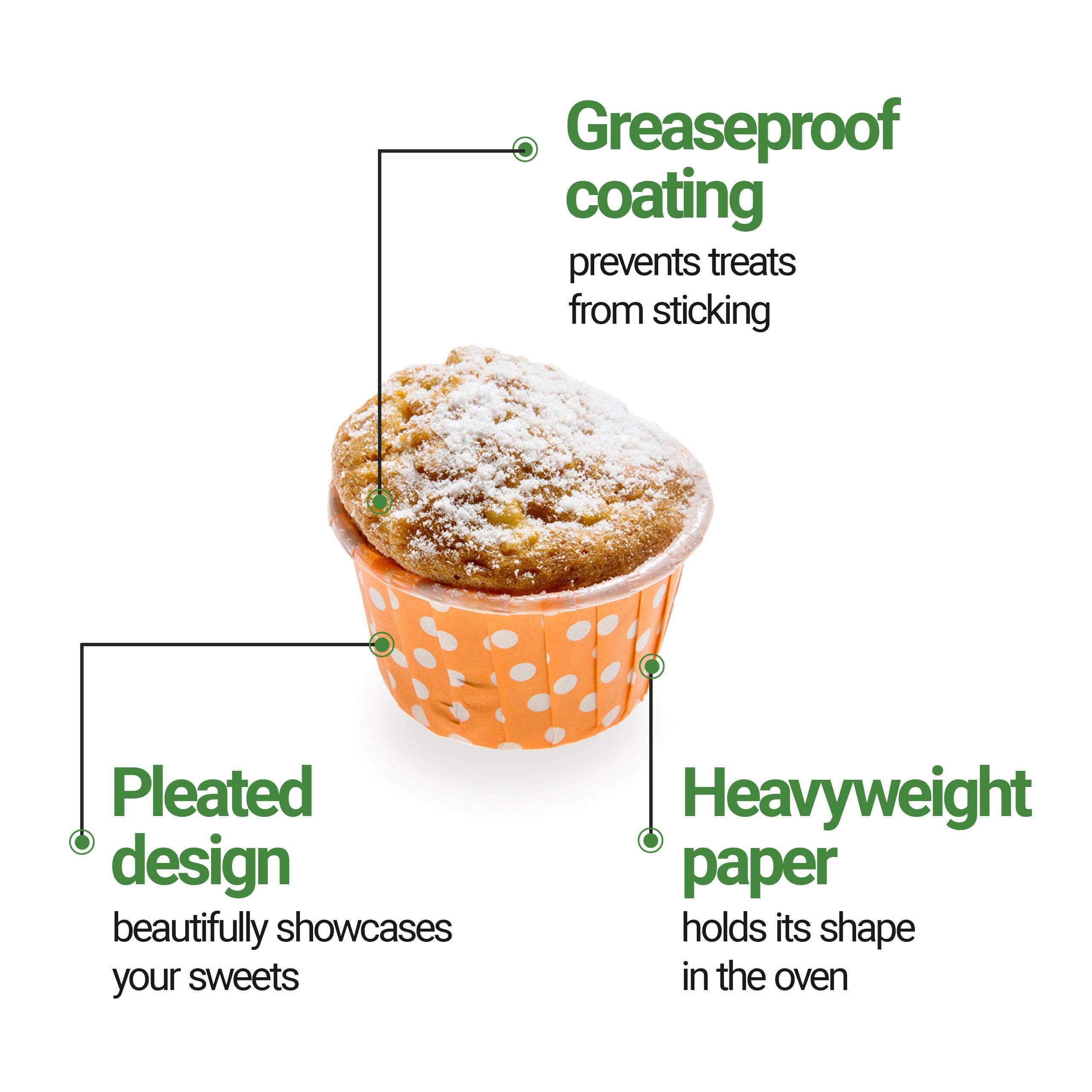 Restaurantware Panificio 1 Ounce Baking Cups - 200 Count Pleated Cupcake Liners | Oven-Safe & Freezer-Safe Orange Polka Dot Muffin Wrappers | Disposable Baking Cups for Weddings, Baby Showers & Birthday Parties | Perfect for Cupcakes, Muffins & Mini Desserts