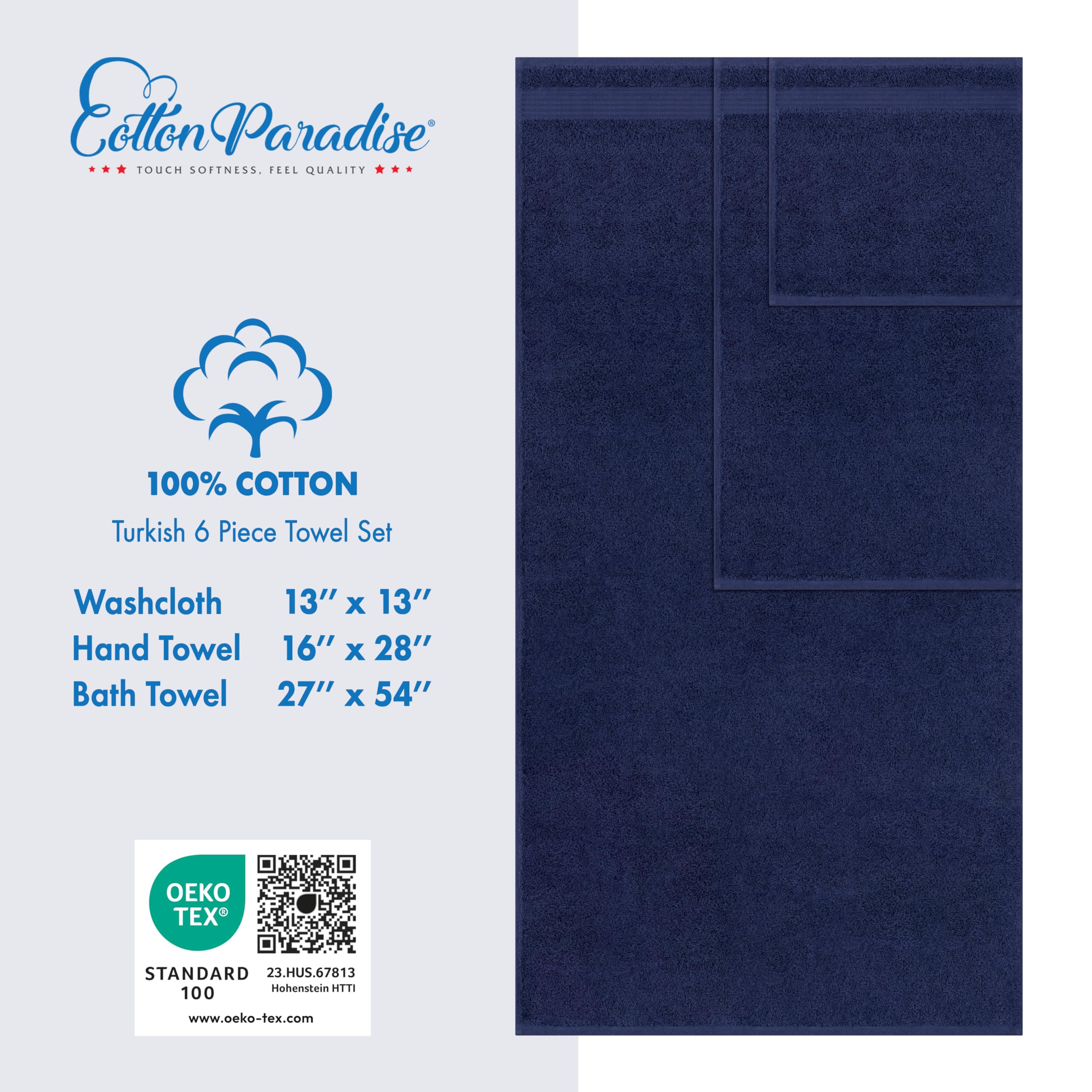 Premium 6-Piece Turkish Cotton Towel Set - 100% Soft Absorbent Bath & Hand Towels with Washcloths for Spa, Beach & Luxury Bathroom (Navy Blue)