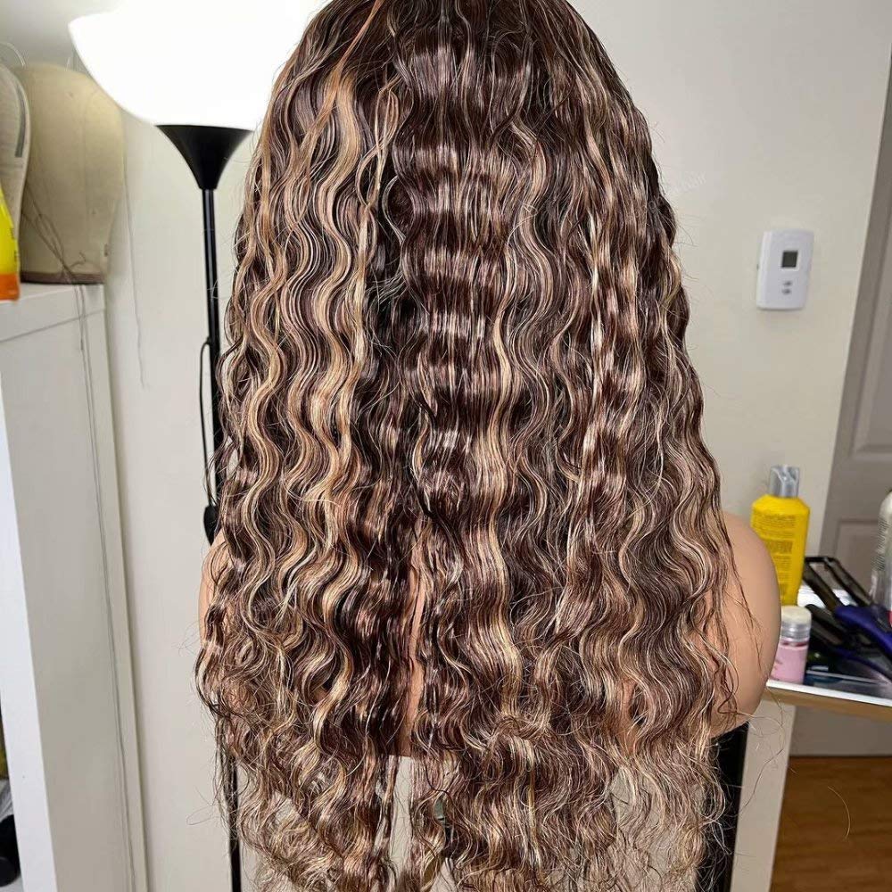 13x4 HD Transparent Lace Front Wig - Honey Blonde Highlight Water Wave Human Hair Wig with Pre-Plucked Natural Hairline & Baby Hair | 180 Density 18 Inch | Perfect for Daily Wear, Cosplay, and Special Occasions