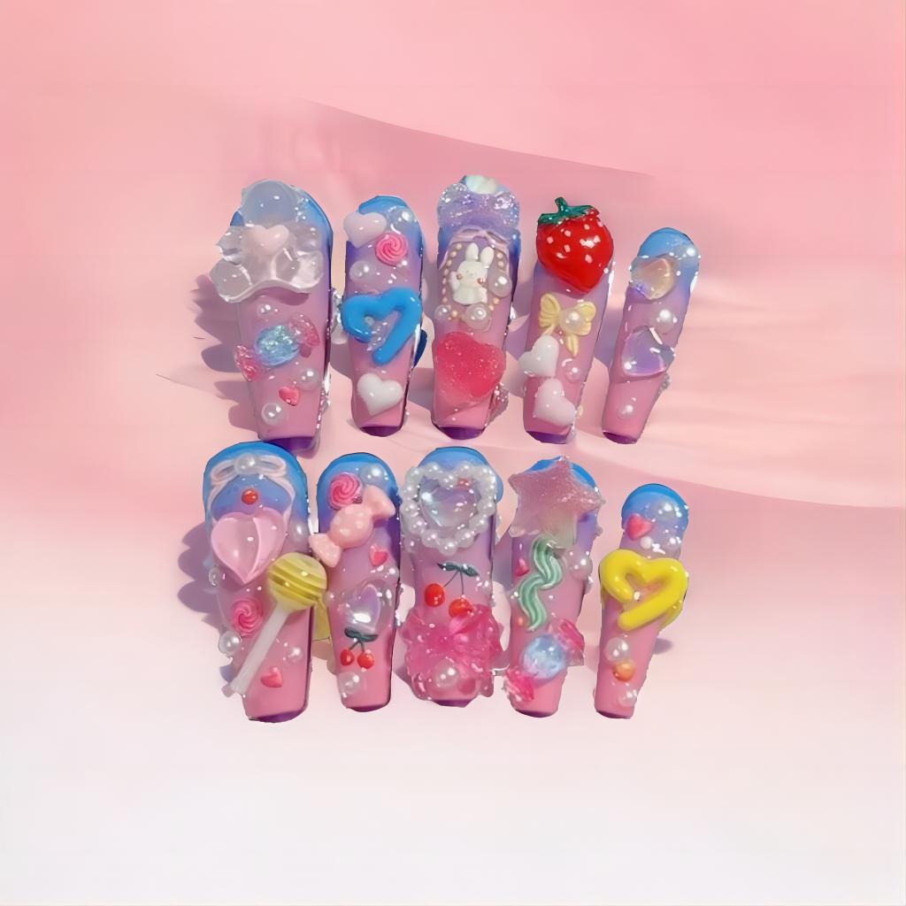 Whimsical Pink Delight Hand Painted Press On Nails - Long Lasting Fake Nails with Glue for Women | Perfect for Parties, Weddings & Special Occasions