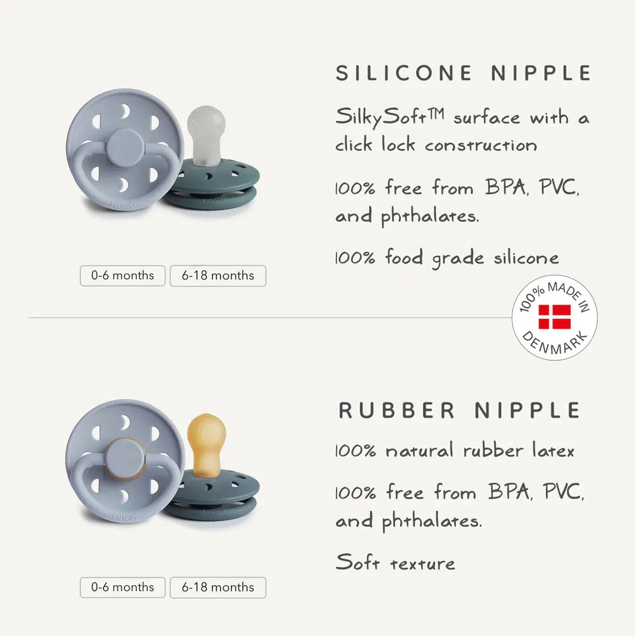 Mushie FRIGG Moon Natural Rubber Pacifier 2 Pack - Sage & Portobello | BPA-Free Baby Soother for Newborns & Infants | Perfect for Daycare, Travel & Sleep Comfort