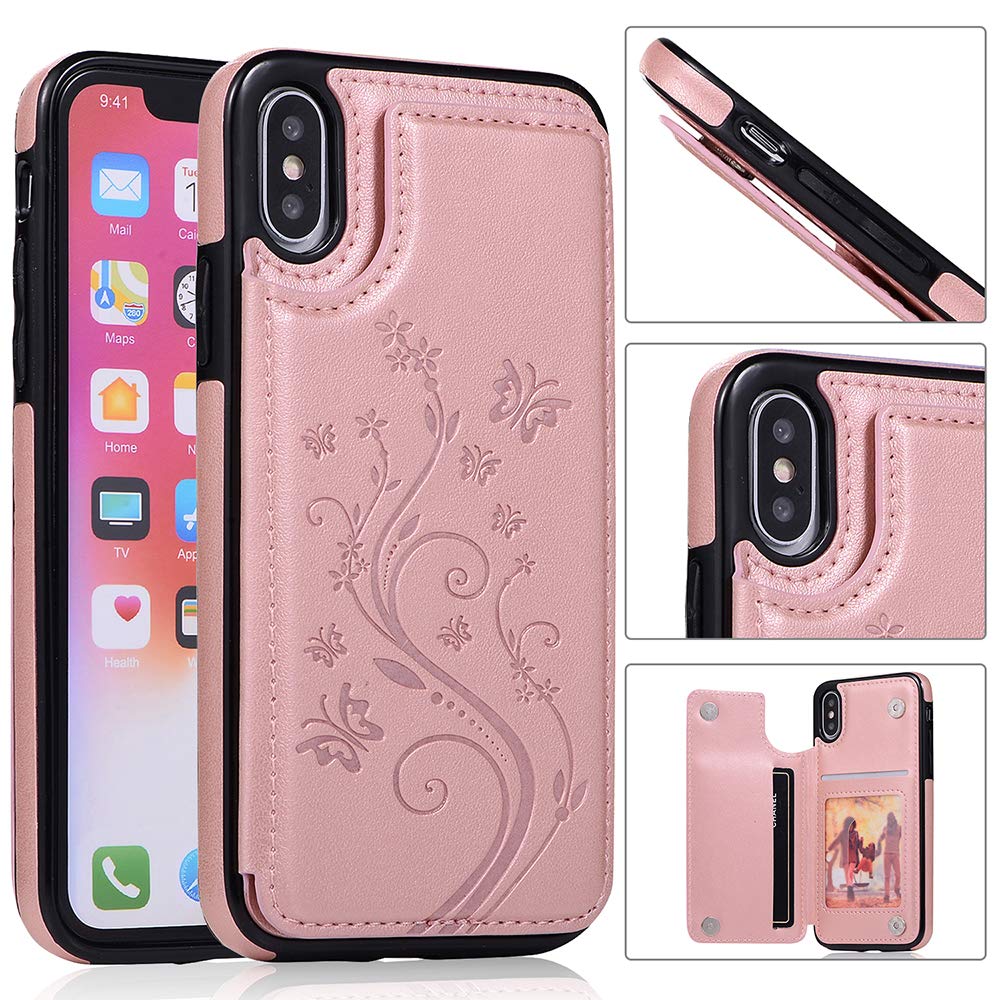 Premium Leather Wallet Phone Case for iPhone X/Xs/10 with Tempered Glass Screen Protector - Card Holder & Stand Function (Rose Gold) - Perfect for Women's Daily Use, Travel & Business Meetings