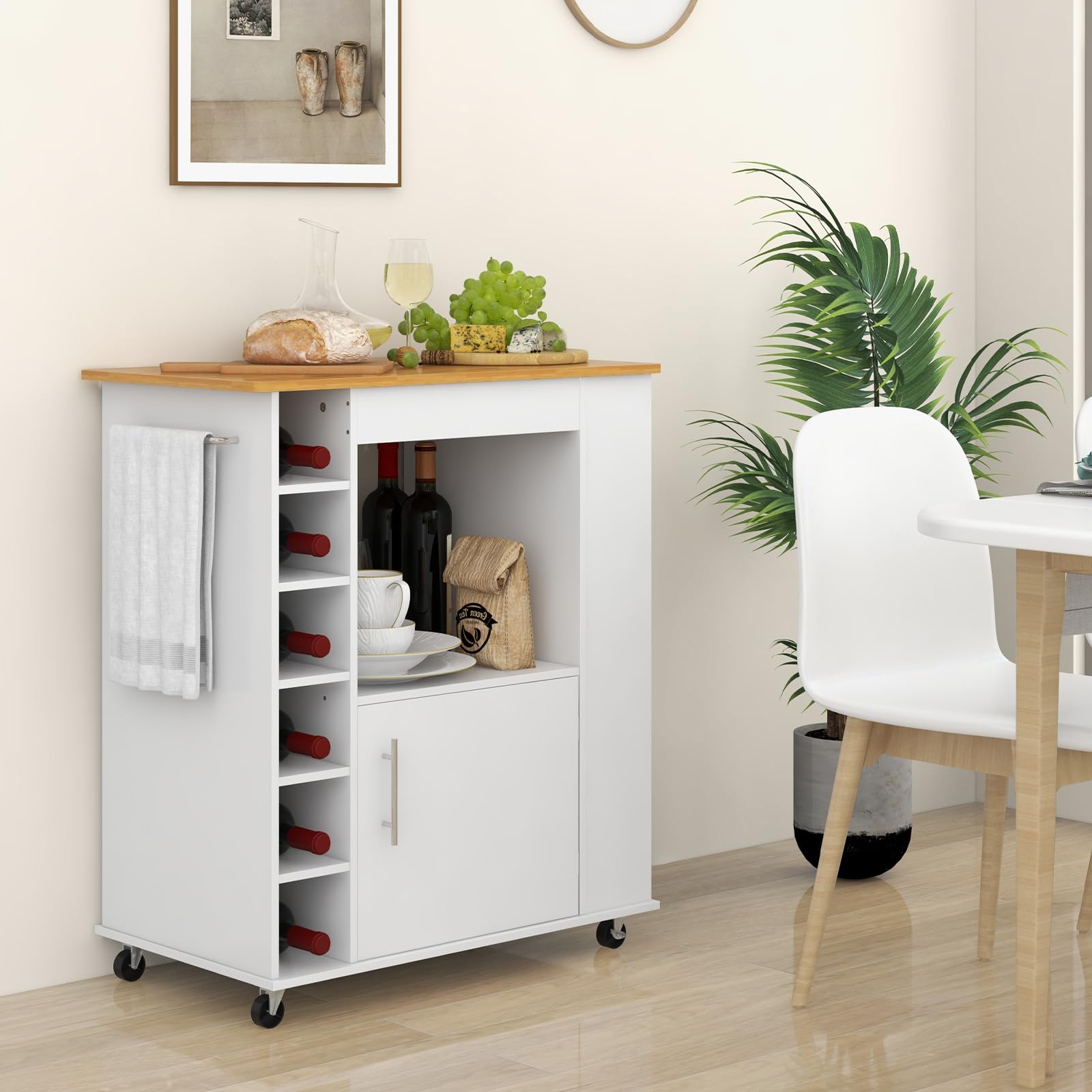 Giantex Mobile Kitchen Island Cart with Storage Cabinet, Bamboo Top & Wheels - 6-Bottle Wine Rack, 3-Tier Spice Rack, Towel Holder - White Rolling Microwave Stand for Small Spaces, Dining Room, Coffee Bar & Apartment Cooking