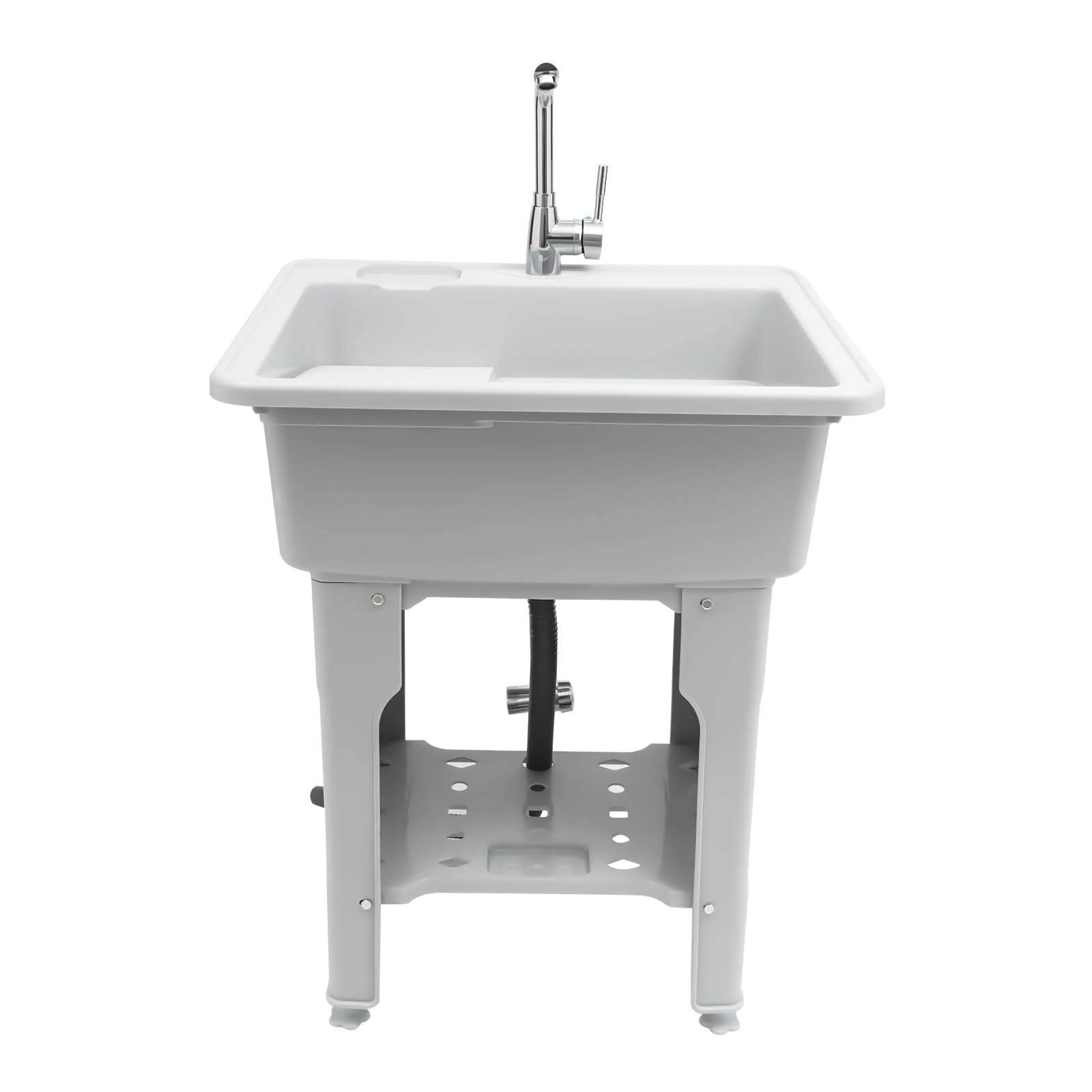 31.5 Inch Plastic Utility Sink with Washboard - Heavy Duty Laundry Tub with Hot/Cold Faucet - Freestanding Outdoor Laundry Sink for Garages, Basements & RV Use (Gray)