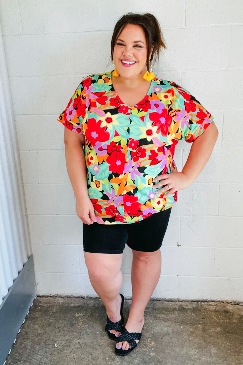 Stylish Multicolor Tropical Floral Print V-Neck Drop Shoulder Blouse for Women | Summer Beach Vacation & Boho Outfit Essential