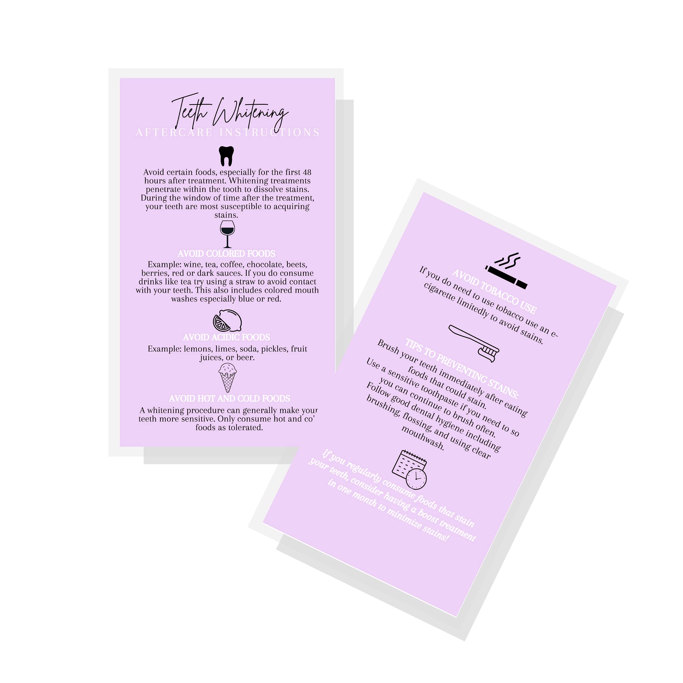 Boutique Marketing LLC Teeth Whitening Aftercare Instructions Cards - 50 Pack of 2x3.5 Inch Business Cards | Wallet-Sized Lavender Purple Design | Perfect for Dental Offices, Beauty Salons & Home Whitening Kits
