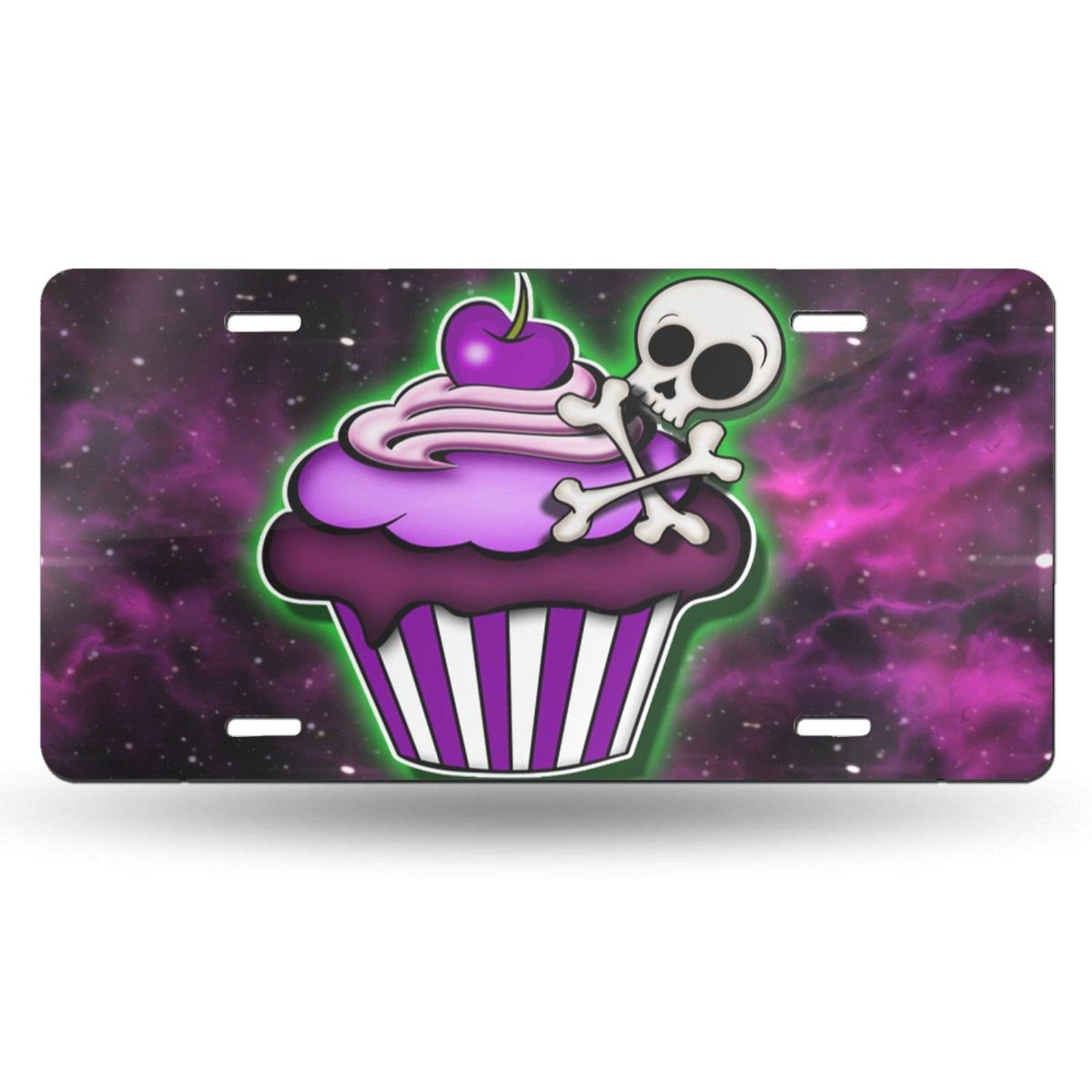Durable Aluminum Skull Cupcake Car License Plate Cover - 6x12 Inch Decorative Metal Tag for Women, Men, Girls & Boys - Perfect for Halloween, Car Shows & Vanity Gifts