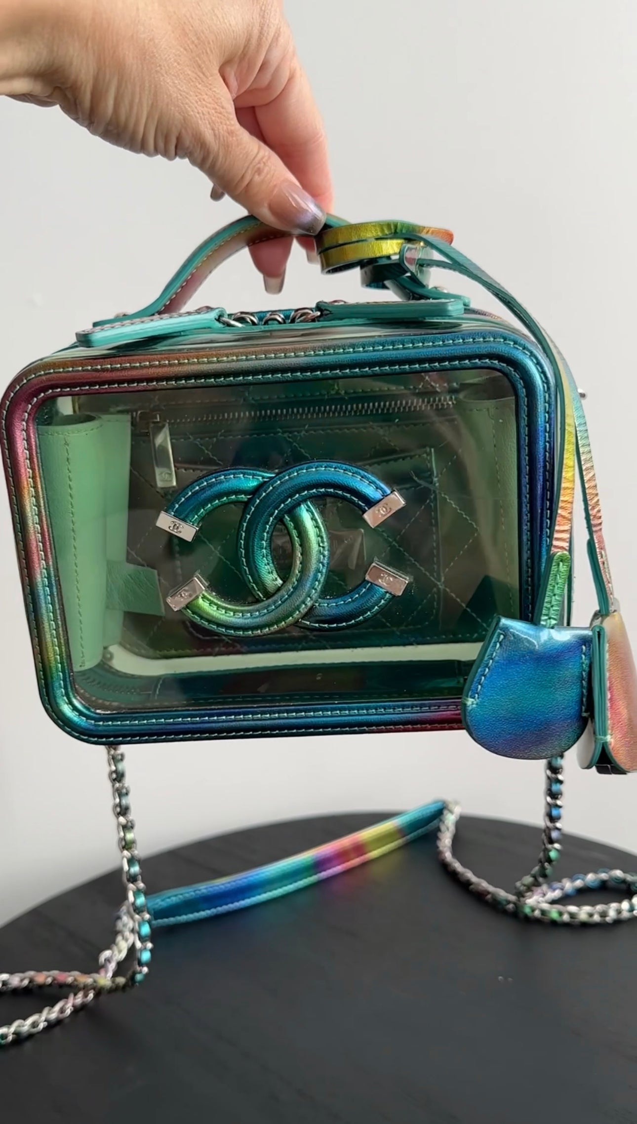 Chanel 20C Iridescent Rainbow Filigree Clear PVC CC Vanity Case - Luxury Designer Cosmetic Bag for Women, Perfect for Travel & Everyday Use