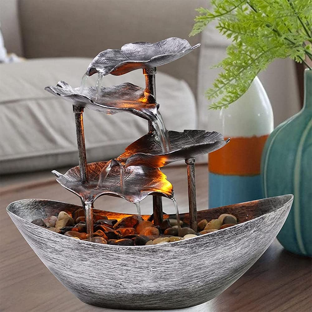 Indoor Tabletop Water Fountain with LED Lights - Lotus Leaf Design Resin Statue for Home, Office & Patio Decor | Relaxing Desktop Water Feature for Stress Relief & Feng Shui (Silver)