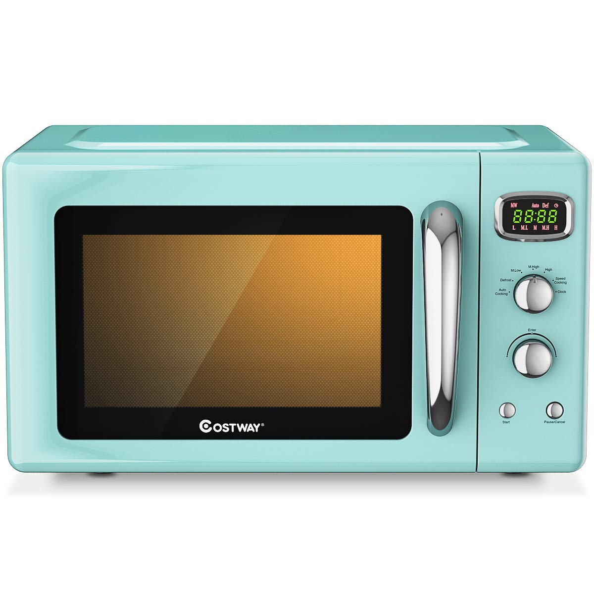 COSTWAY 0.9 Cu.ft 900W Retro Microwave Oven with 5 Power Levels, Defrost & Auto Cook | LED Display, Glass Turntable, Child Lock & Viewing Window | Perfect for Small Kitchens, Dorms & Office Break Rooms