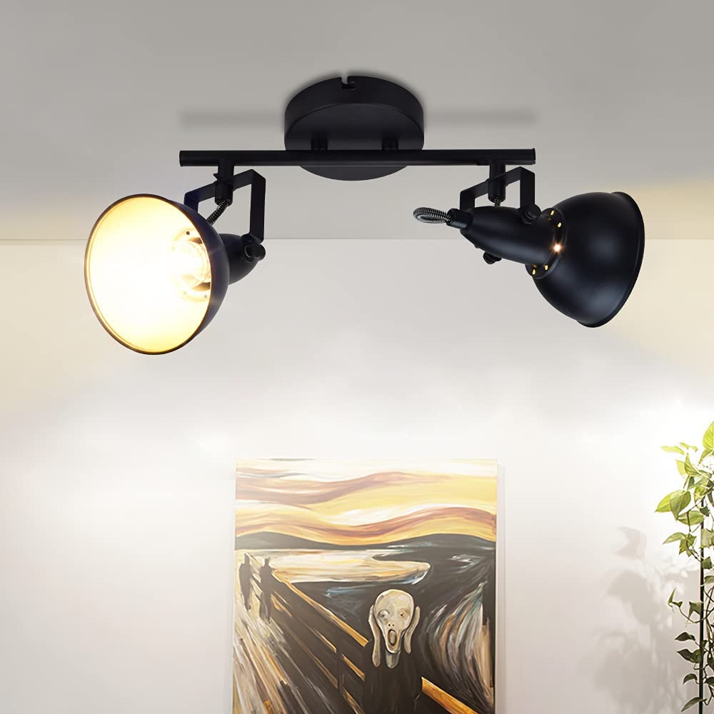 DLLT Industrial Track Light - Black Metal Retro Ceiling Track Lighting Fixture with 2 Adjustable Spotlights for Kitchen, Bedroom, Dining Room, Office & Closet | Modern Home & Commercial Lighting Solution