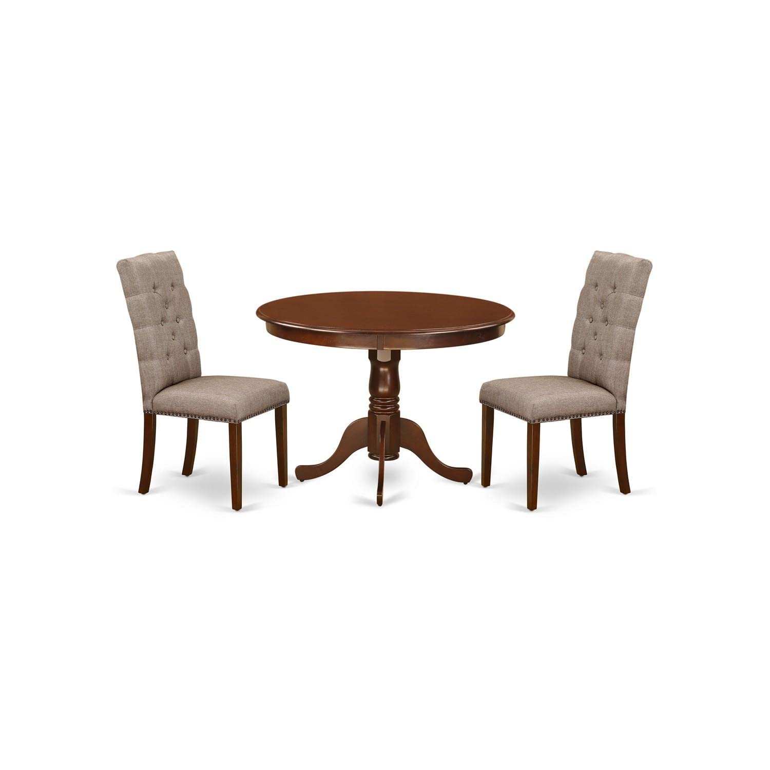 East West Furniture HLEL3-MAH-16 3-Piece Round Dining Table Set with Pedestal Base & 2 Upholstered Chairs - 42 Inch Mahogany Kitchen Table for Small Spaces, Breakfast Nook, Apartment Dining
