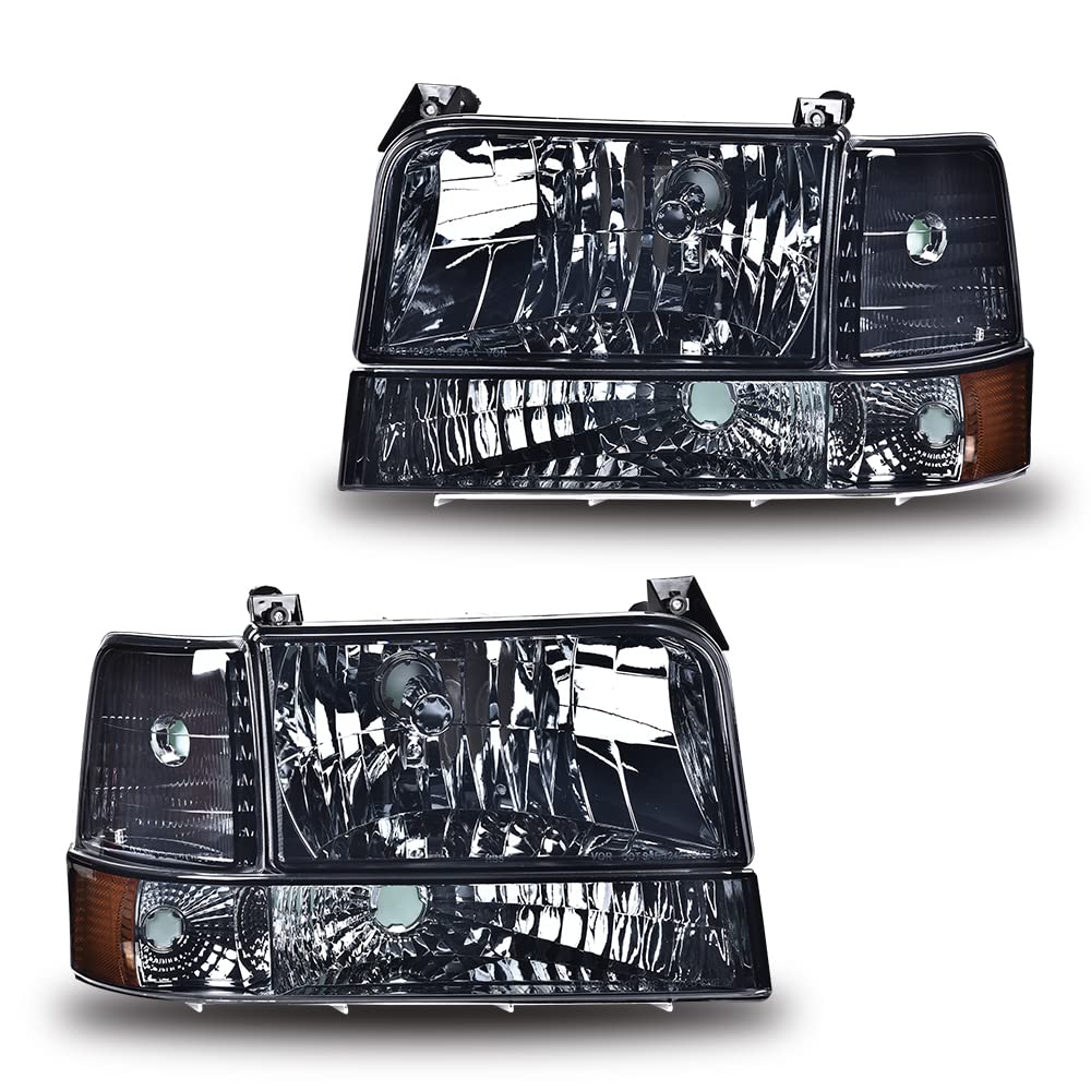 CHEDA Smoky Lens Headlights with Chrome Housing & Amber Reflector - Compatible with 1992-1996 Ford Bronco F150 & 1992-1997 F250 F350 Super Duty - 6pc Set with Corner Signal Bumper Lamps - Perfect for Off-Roading & Night Driving