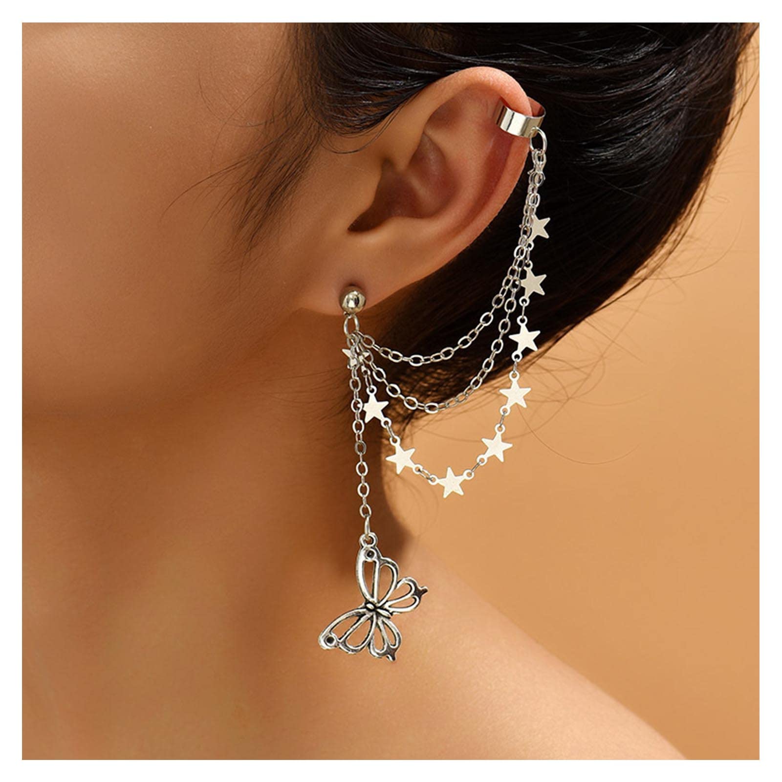 Bohemian Butterfly Drop Earrings for Women - Silver Hollow Dangle Earrings with Star Chain & Tassel Details | Cartilage Cuff, Stud Earrings | Perfect for Parties, Weddings & Boho Fashion Accessories