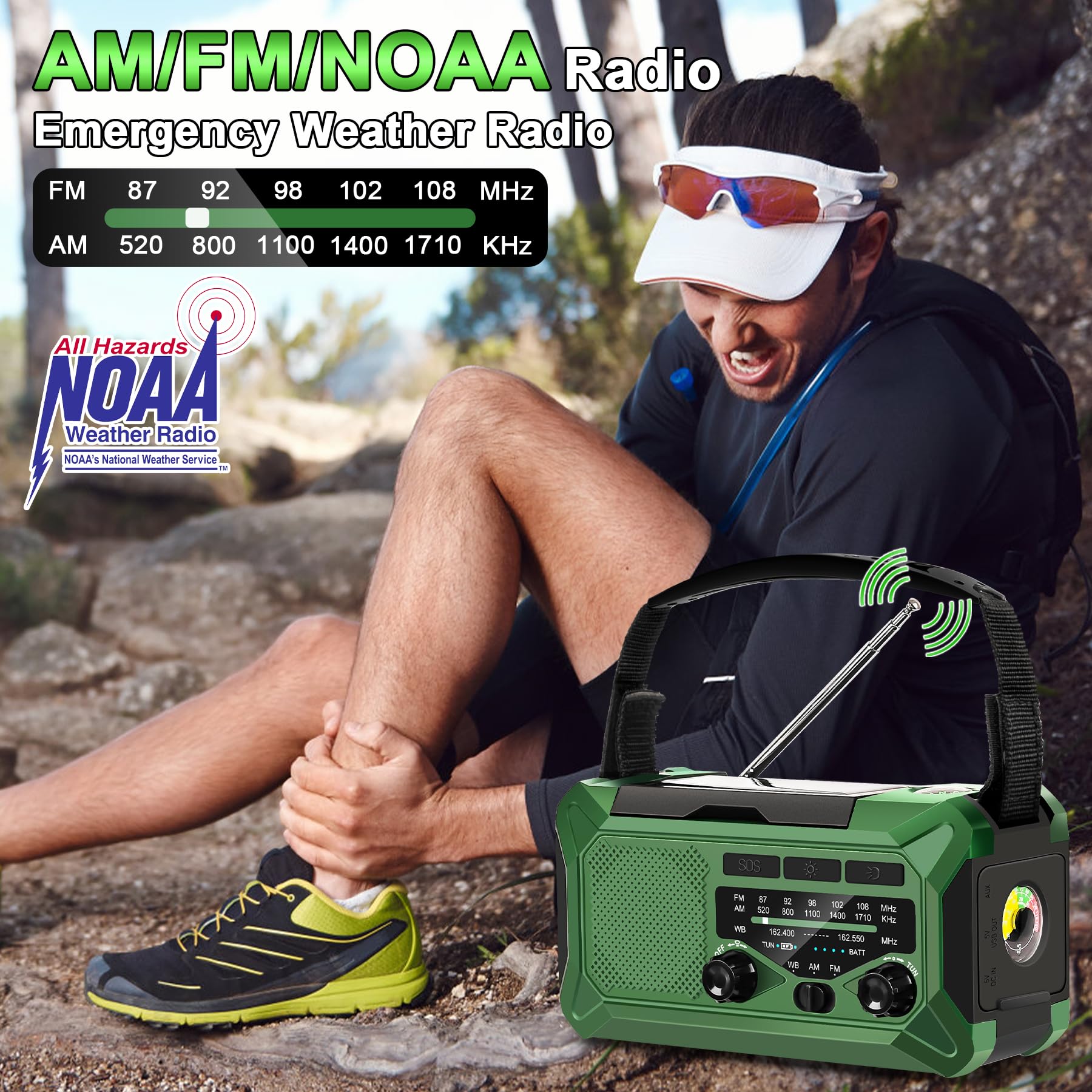 10000mAh Solar Emergency Weather Radio - Portable AM/FM/NOAA Radio with Hand Crank, LED Flashlight, Reading Lamp, Compass & Phone Charger - Perfect for Outdoor Camping, Hiking & Emergency Preparedness