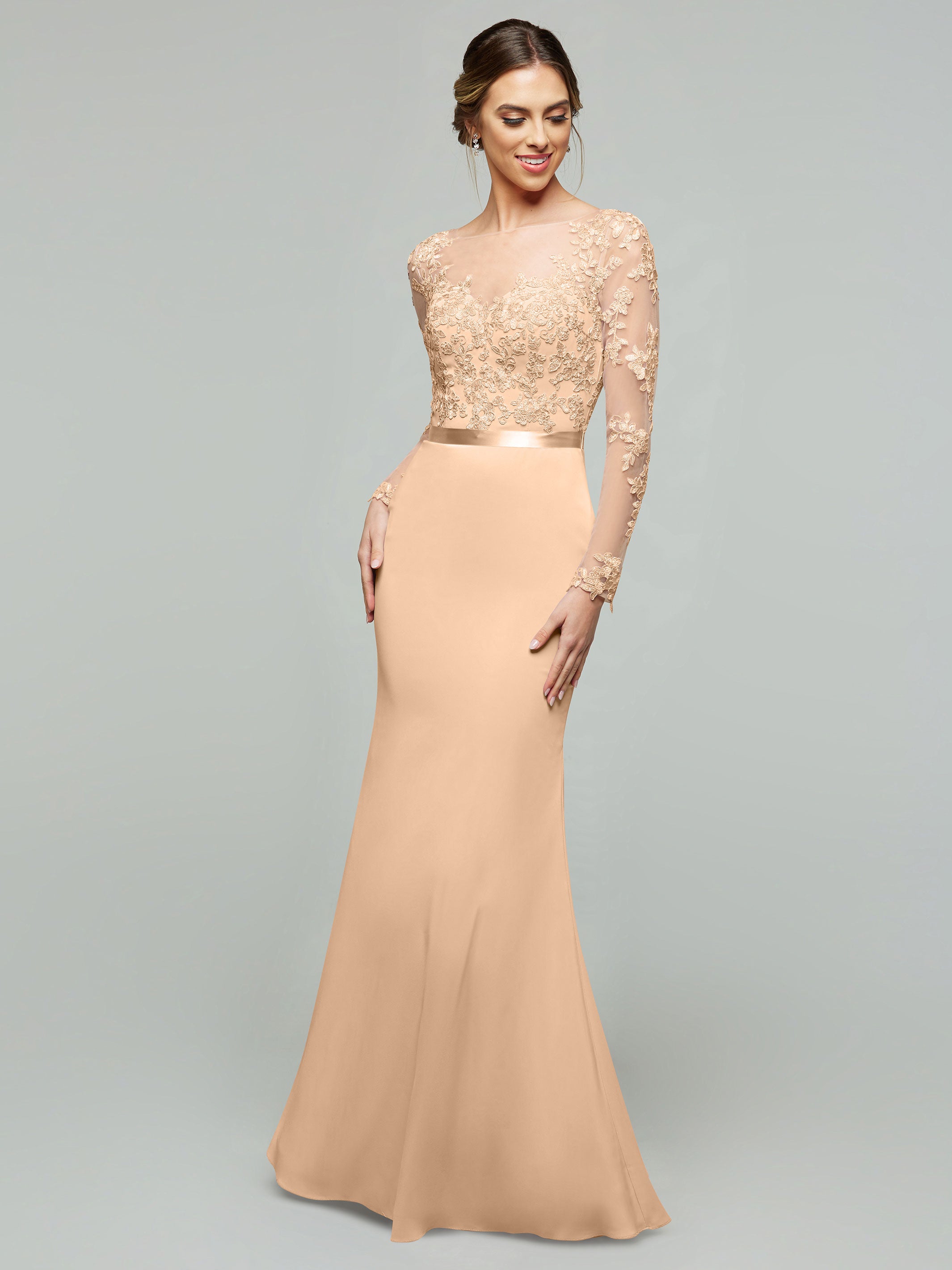 Elegant 80190 Chiffon & Lace Mermaid Bridesmaid Dress with Illusion Long Sleeves - Perfect for Weddings, Proms & Formal Events