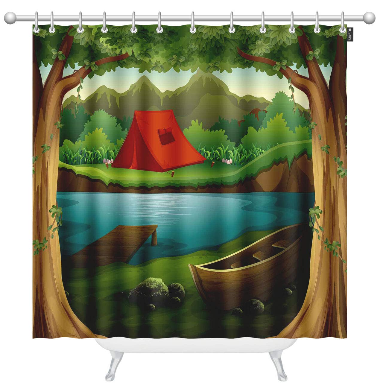 Red Shower Curtain Set with Hooks - Camping Scene for Modern Bathroom Decor