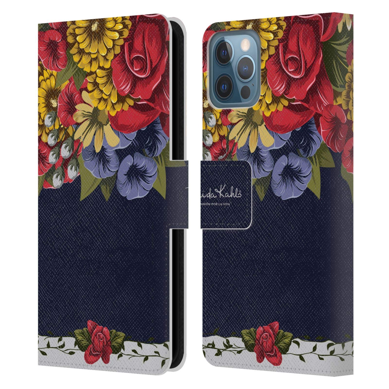 Official Frida Kahlo Floral Leather Wallet Case for iPhone 12/12 Pro - Artistic Phone Cover with Red Blooms Design - Perfect for Art Lovers & Fashion Accessories