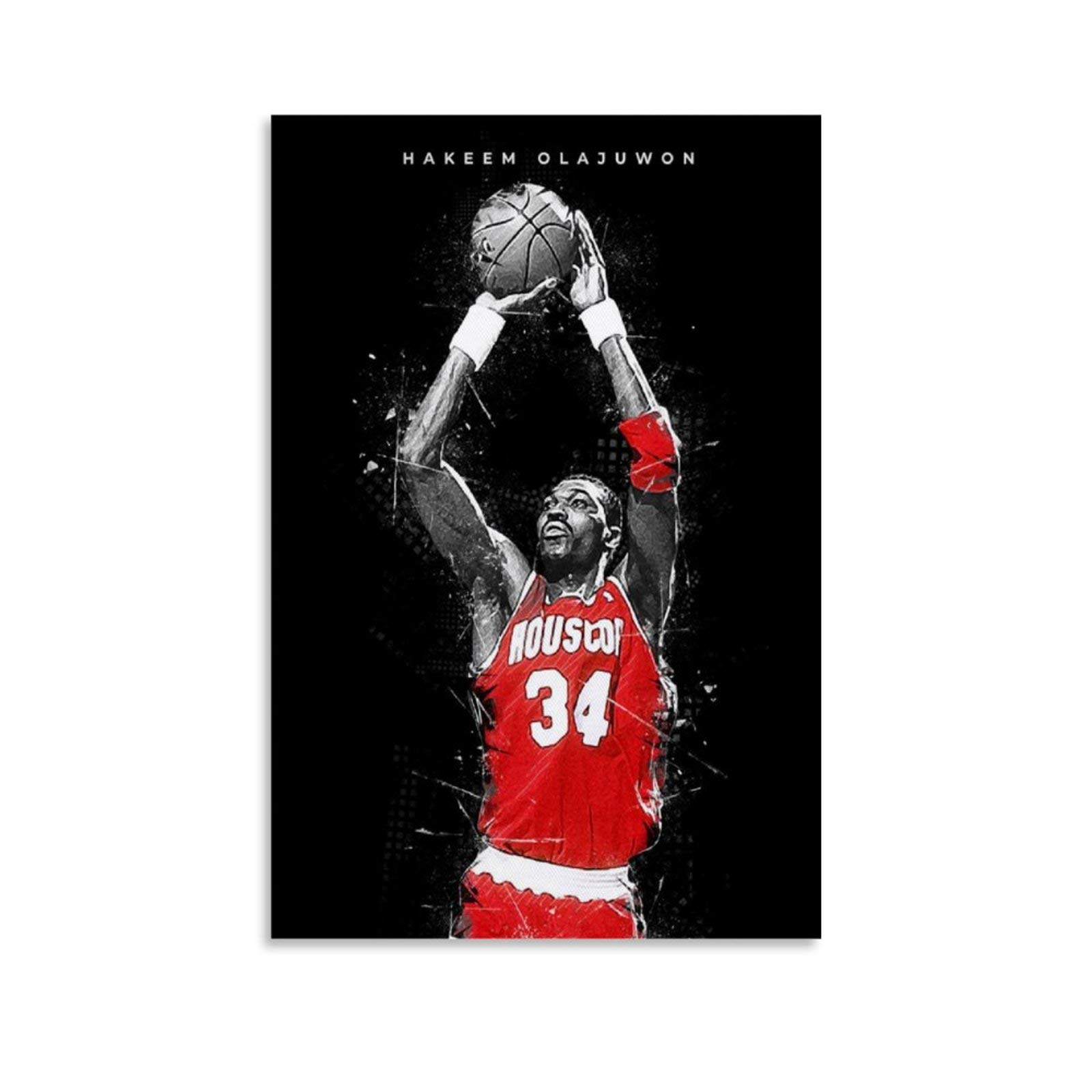 Hakeem Olajuwon Basketball Pop Art Poster - Vintage NBA Wall Decor for Man Cave, Sports Bar, Game Room & Bedroom - Perfect Gift for Basketball Fans - Framed Canvas Wall Art & Mural Picture for Living Room & Office Decor