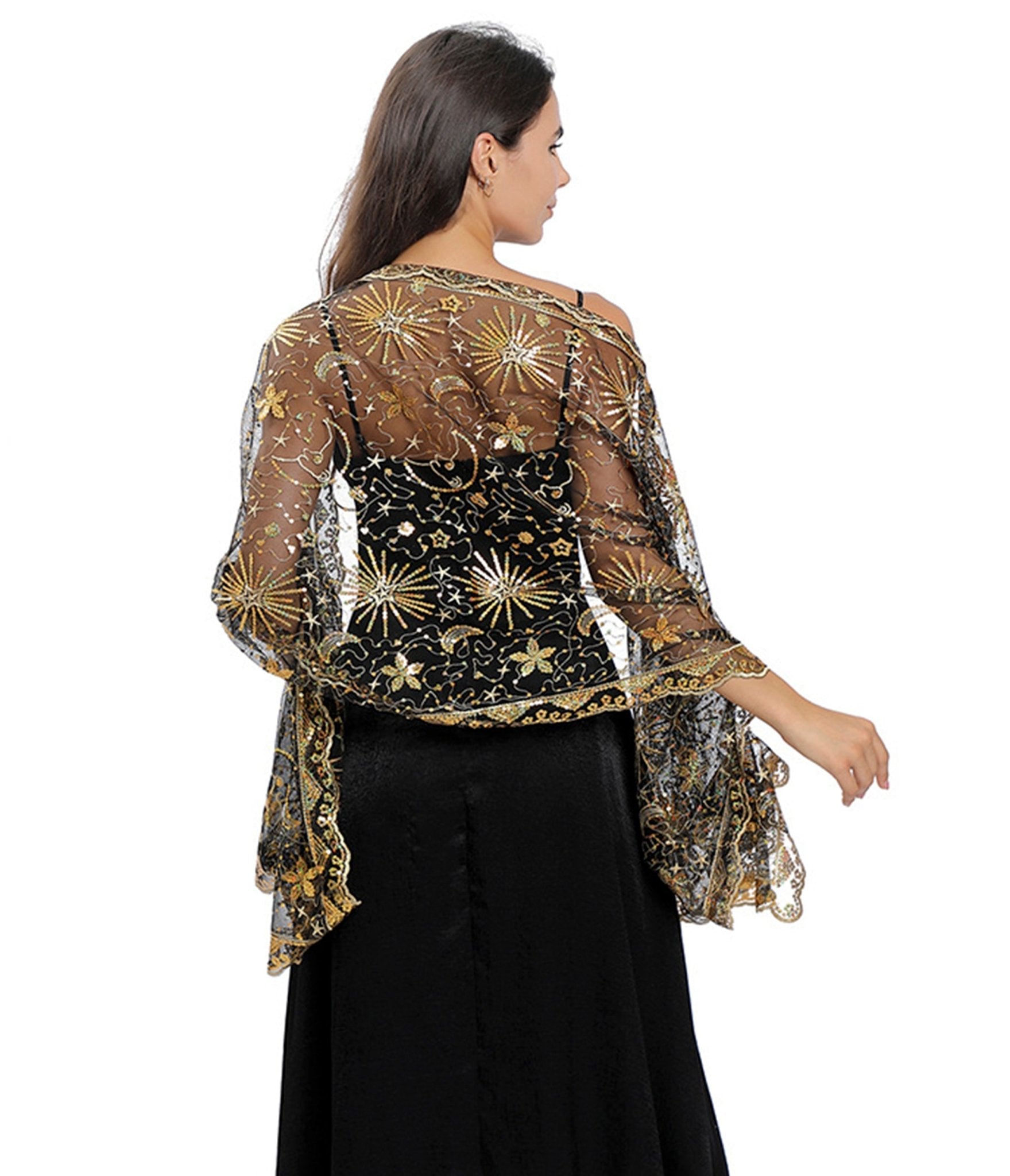 Black & Gold Stars & Moon Embroidered Shawl - Elegant Women's Fashion Scarf for Evening Parties, Weddings & Special Occasions