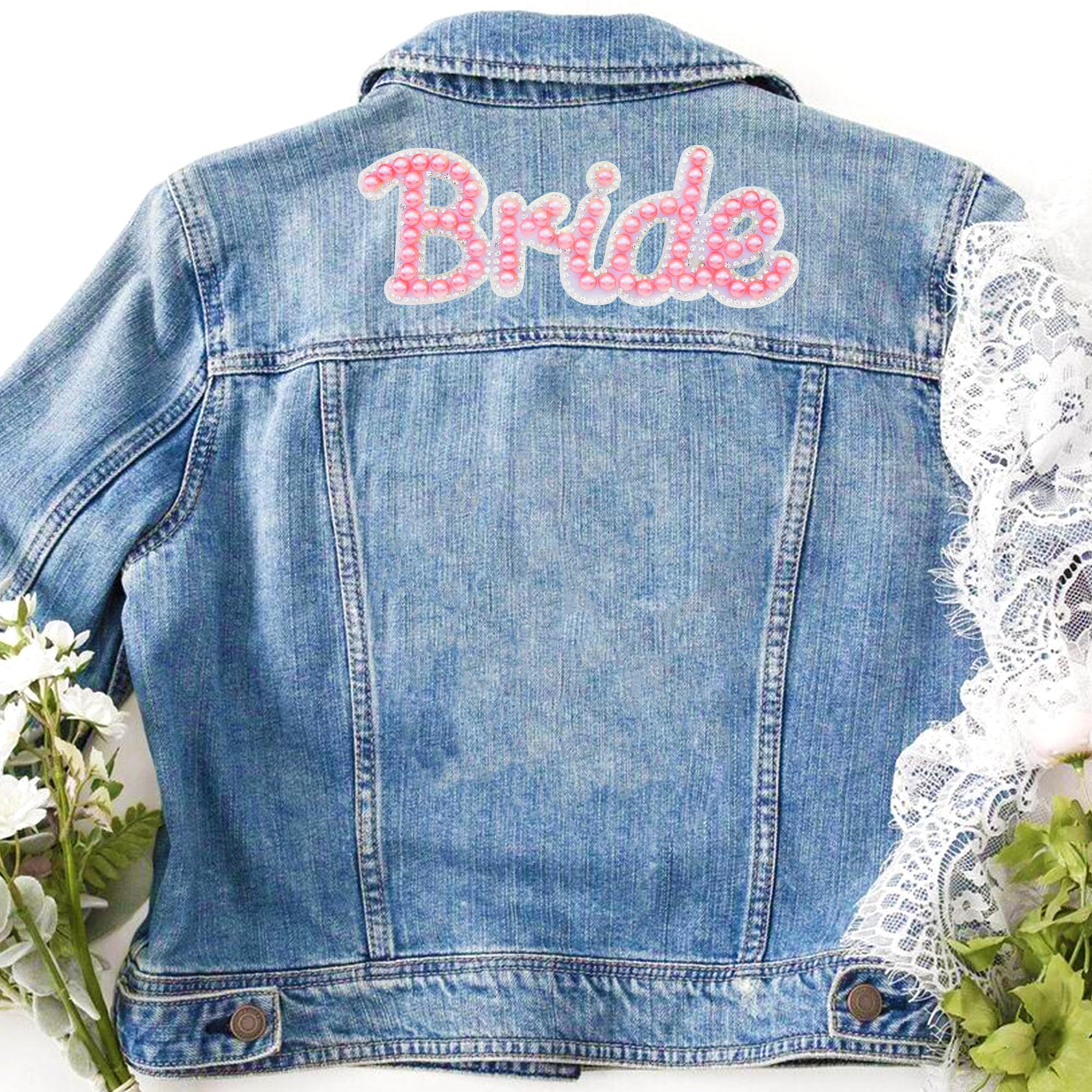 Bride Iron-On Patches - Sparkle Letter & Pearl Embellished Sew-On Appliques for Clothing, Jackets, Bags & Hats - Perfect Wedding Gift & Bridal Party Accessories (Pink)